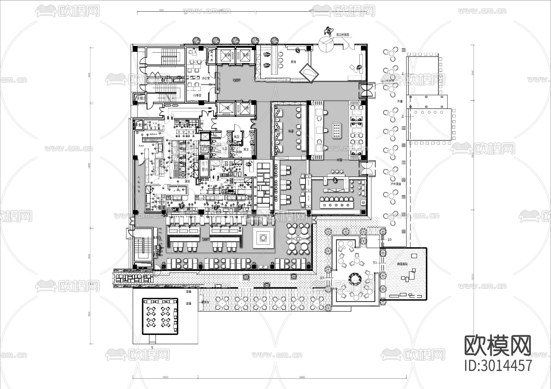 酒店咖啡餐厅cad平面图下载（渲染图2）