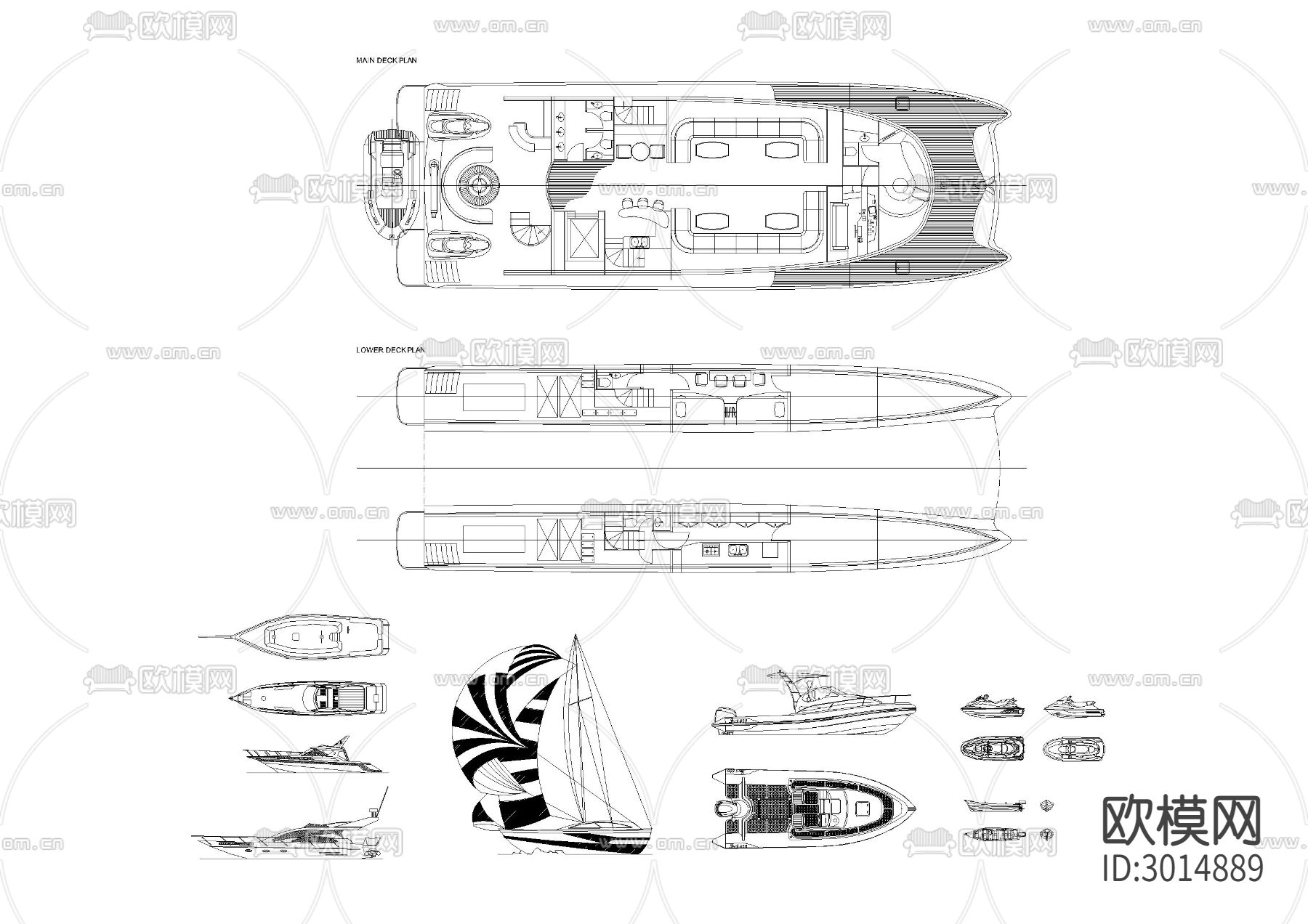 水上摩托 快艇 游轮图块cad图库下载（渲染图3）
