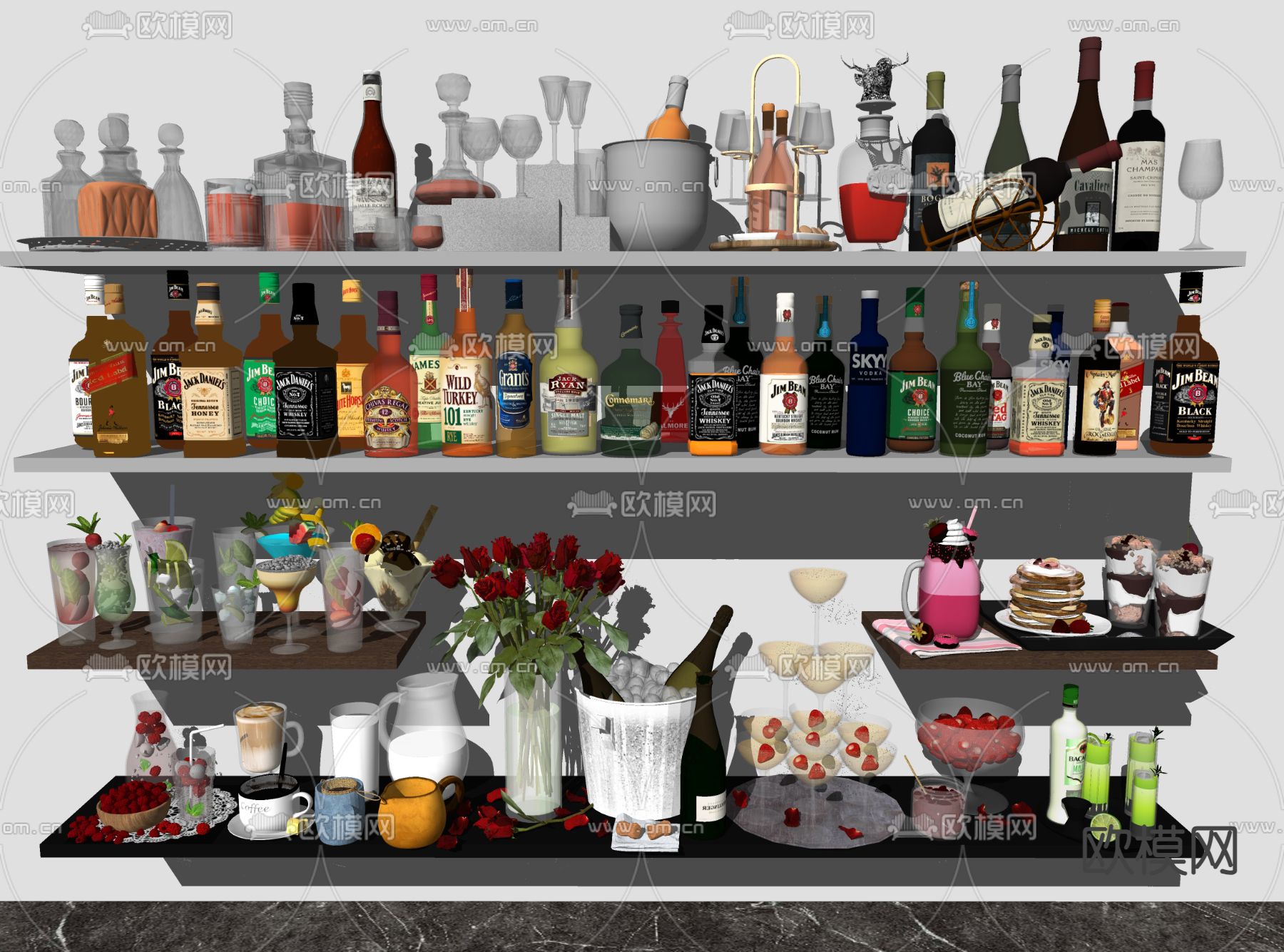 洋酒酒具 红酒香槟su模型下载（渲染图1）