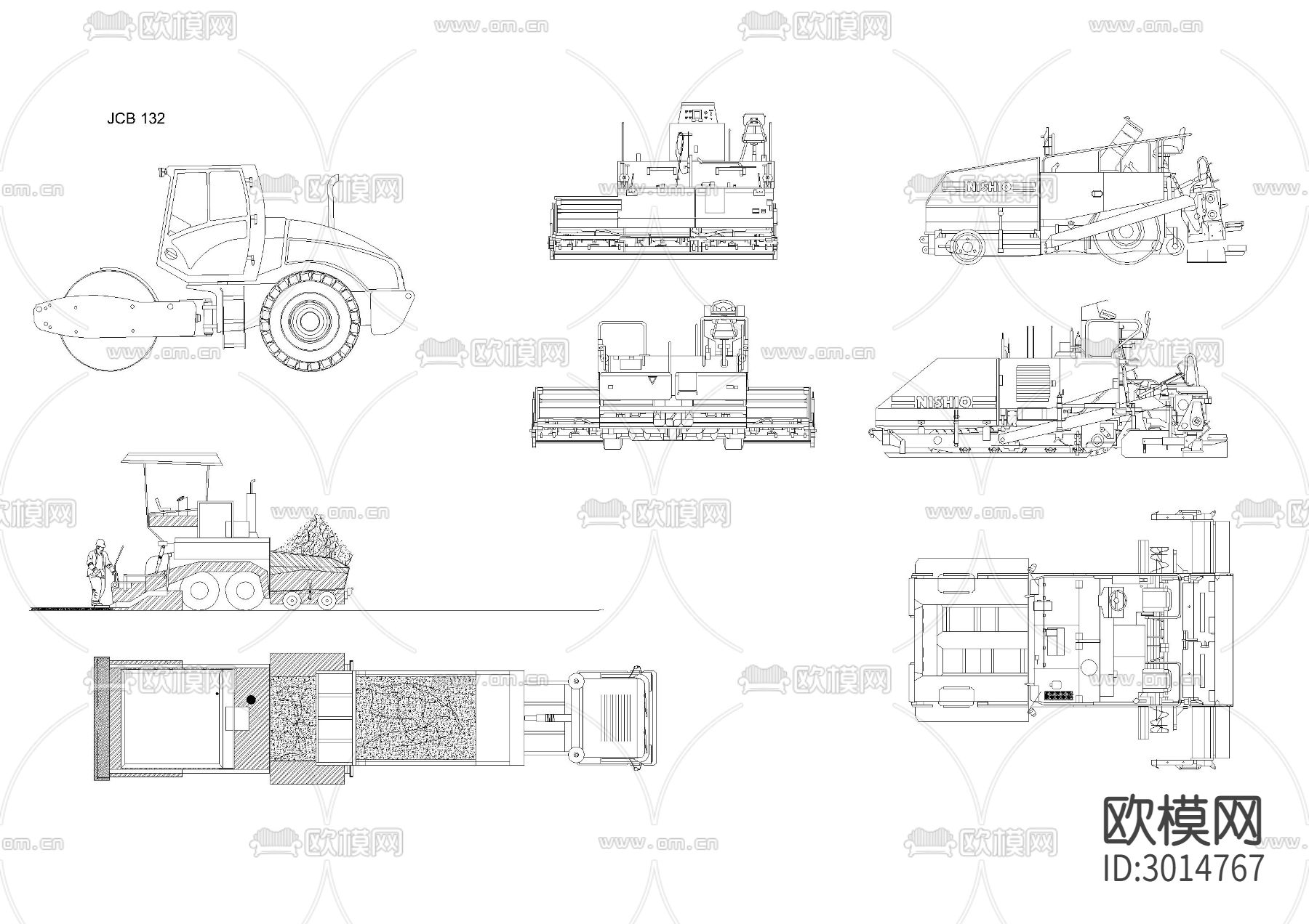 道路施工机械 沥青铺路 压路机cad图库下载（渲染图1）