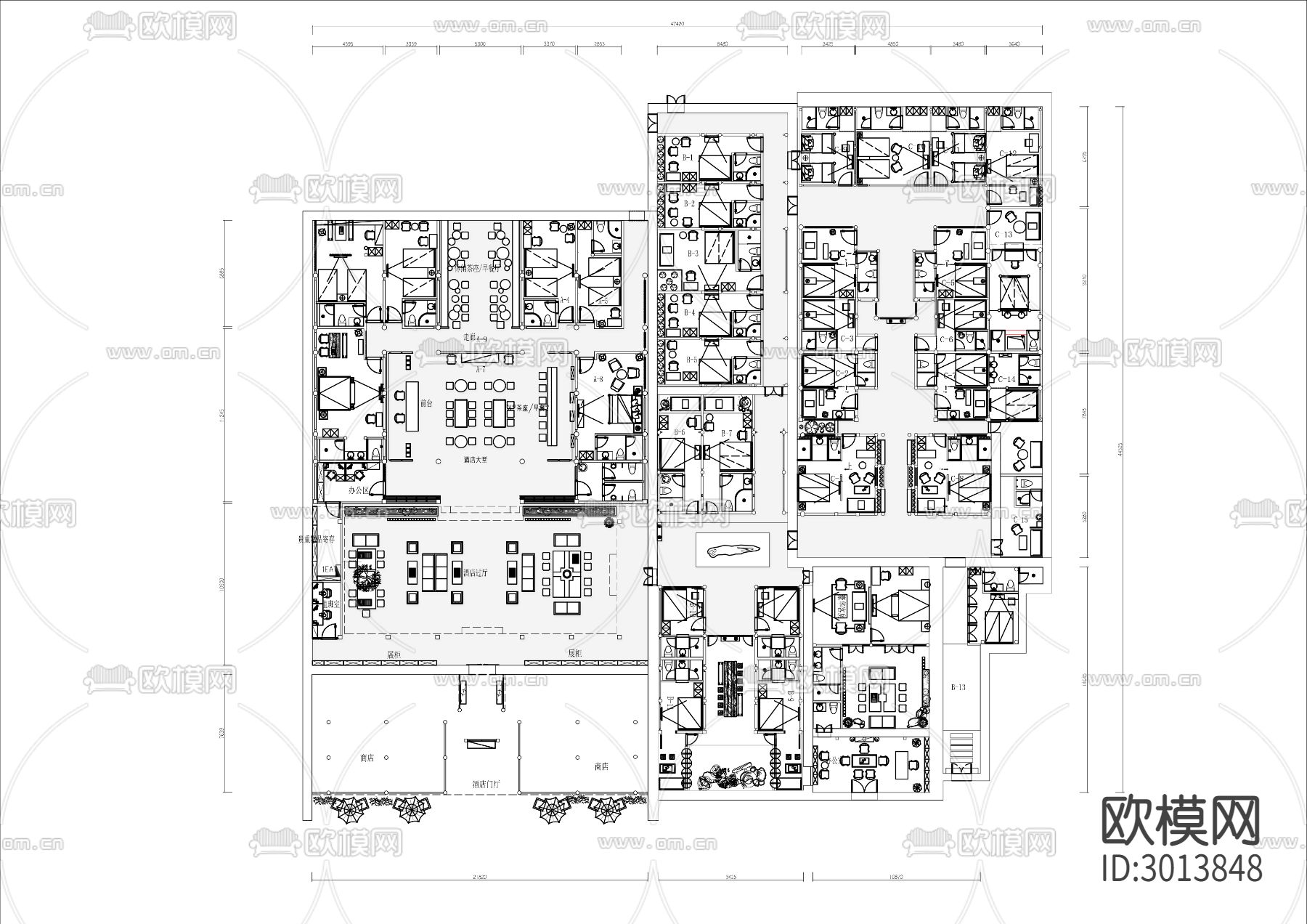 2000㎡景区民宿cad平面图下载