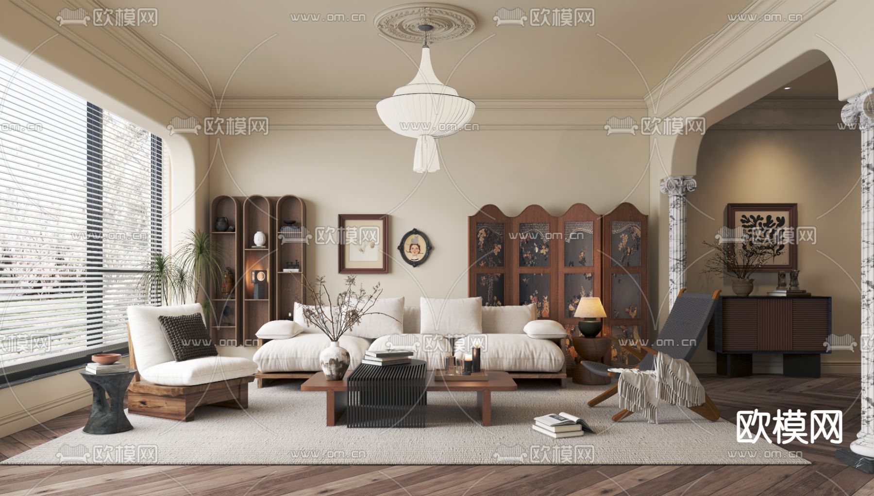 中古风客厅3d模型下载（渲染图1）