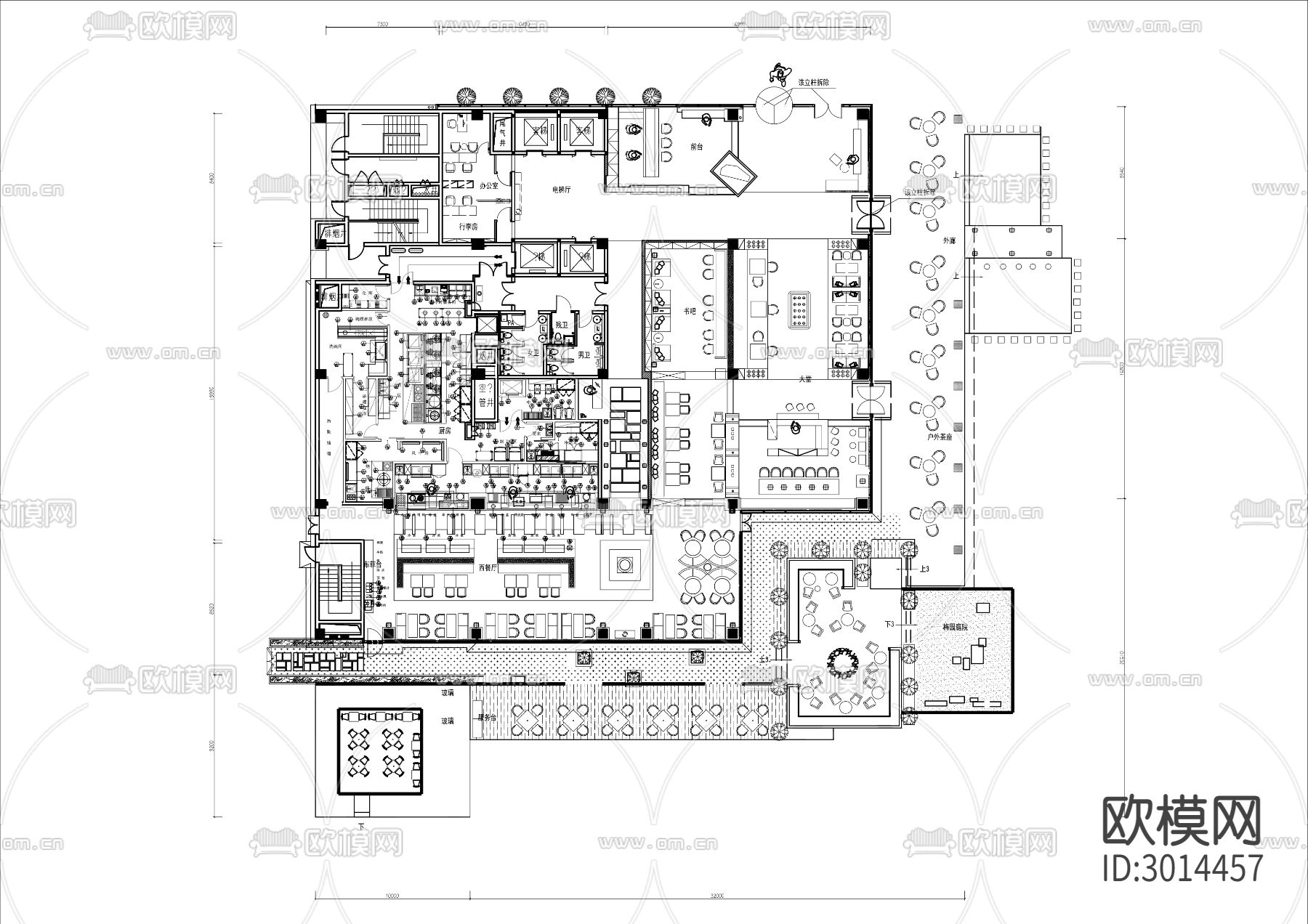 酒店咖啡餐厅cad平面图下载（渲染图1）