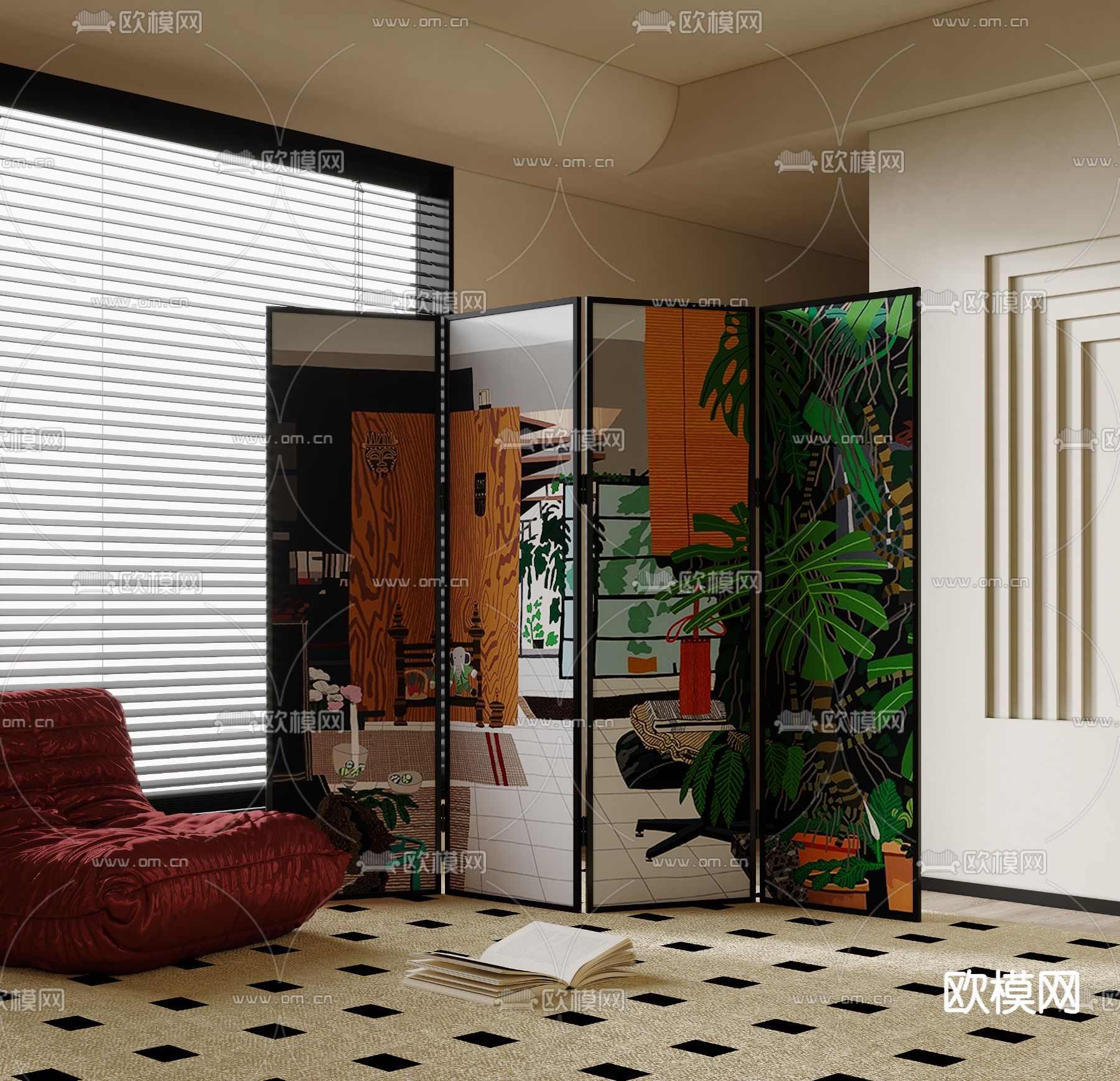 中古风屏风 隔断3d模型下载
