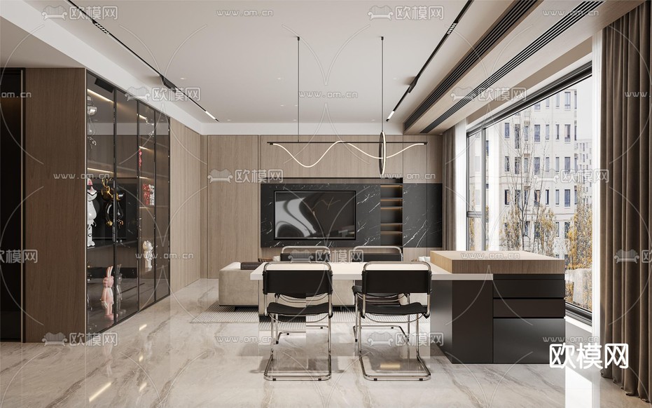 现代客厅 餐厅3d模型下载(渲染图2)
