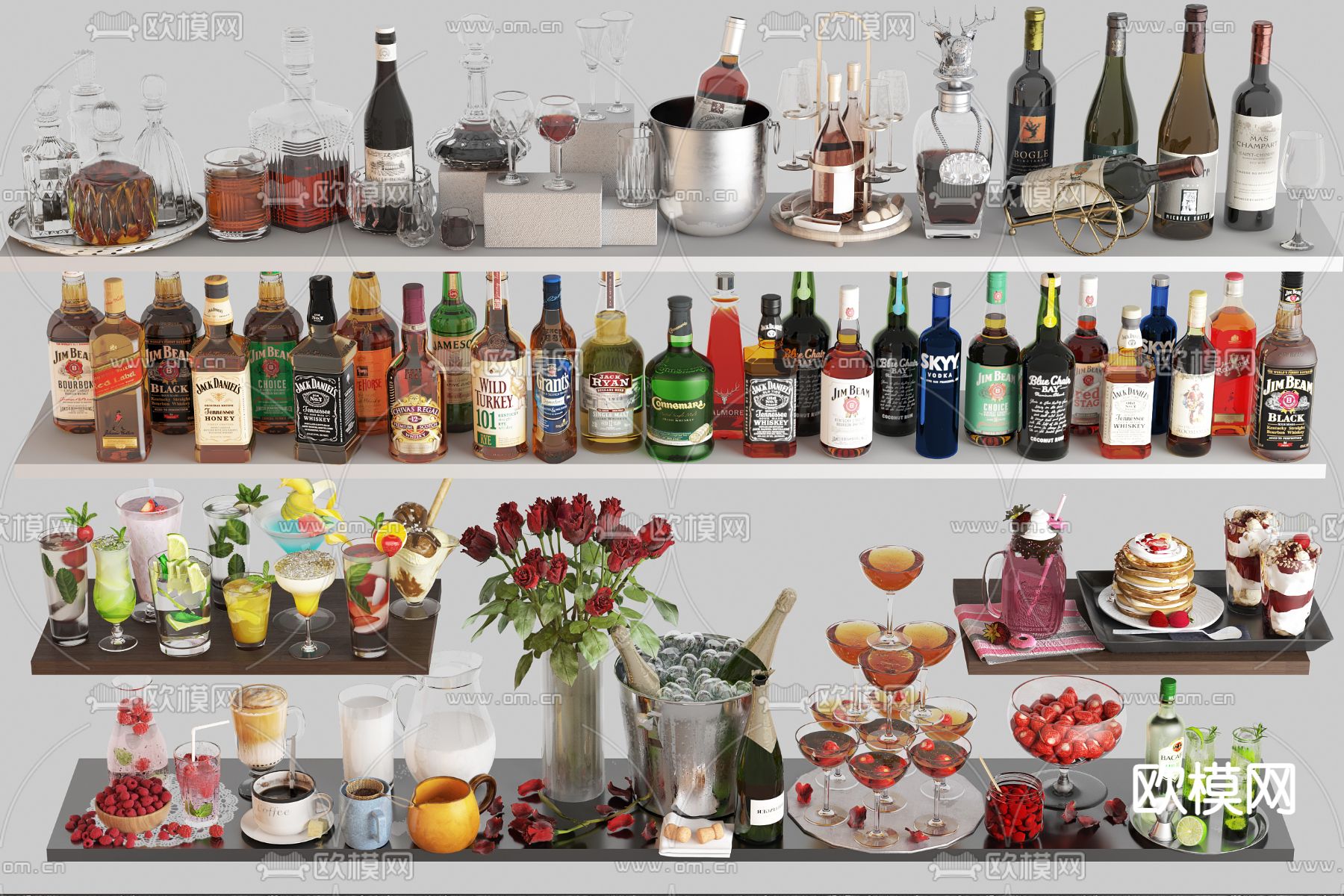 洋酒酒具 红酒香槟su模型下载（渲染图2）