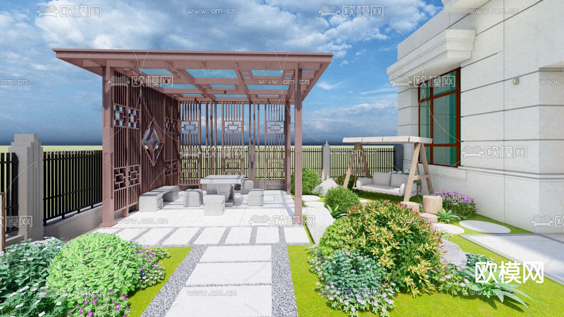 别墅庭院 花园su模型下载（渲染图5）
