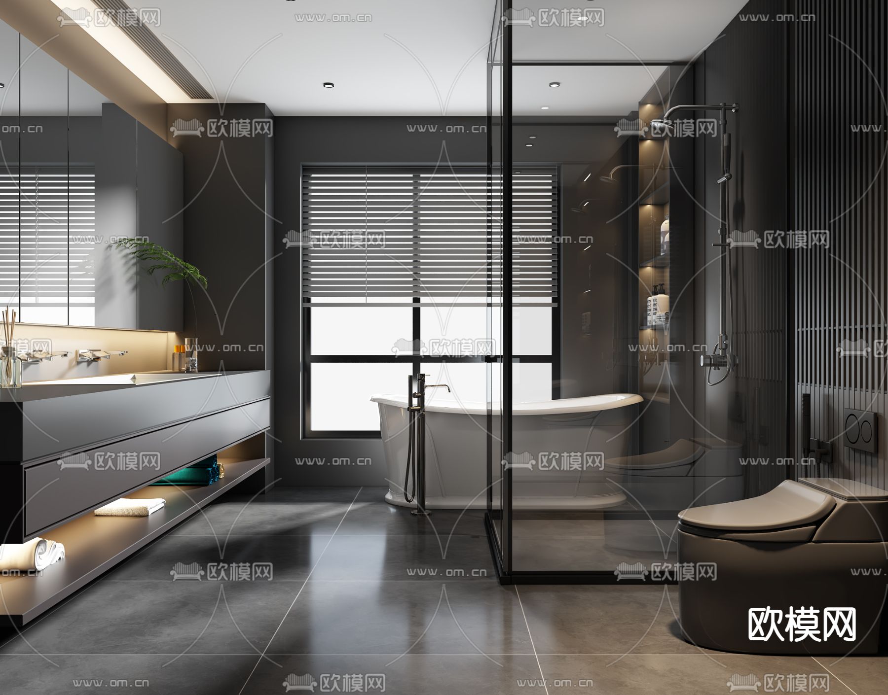 暗黑风卫生间 浴室 洗手间su模型下载（渲染图1）