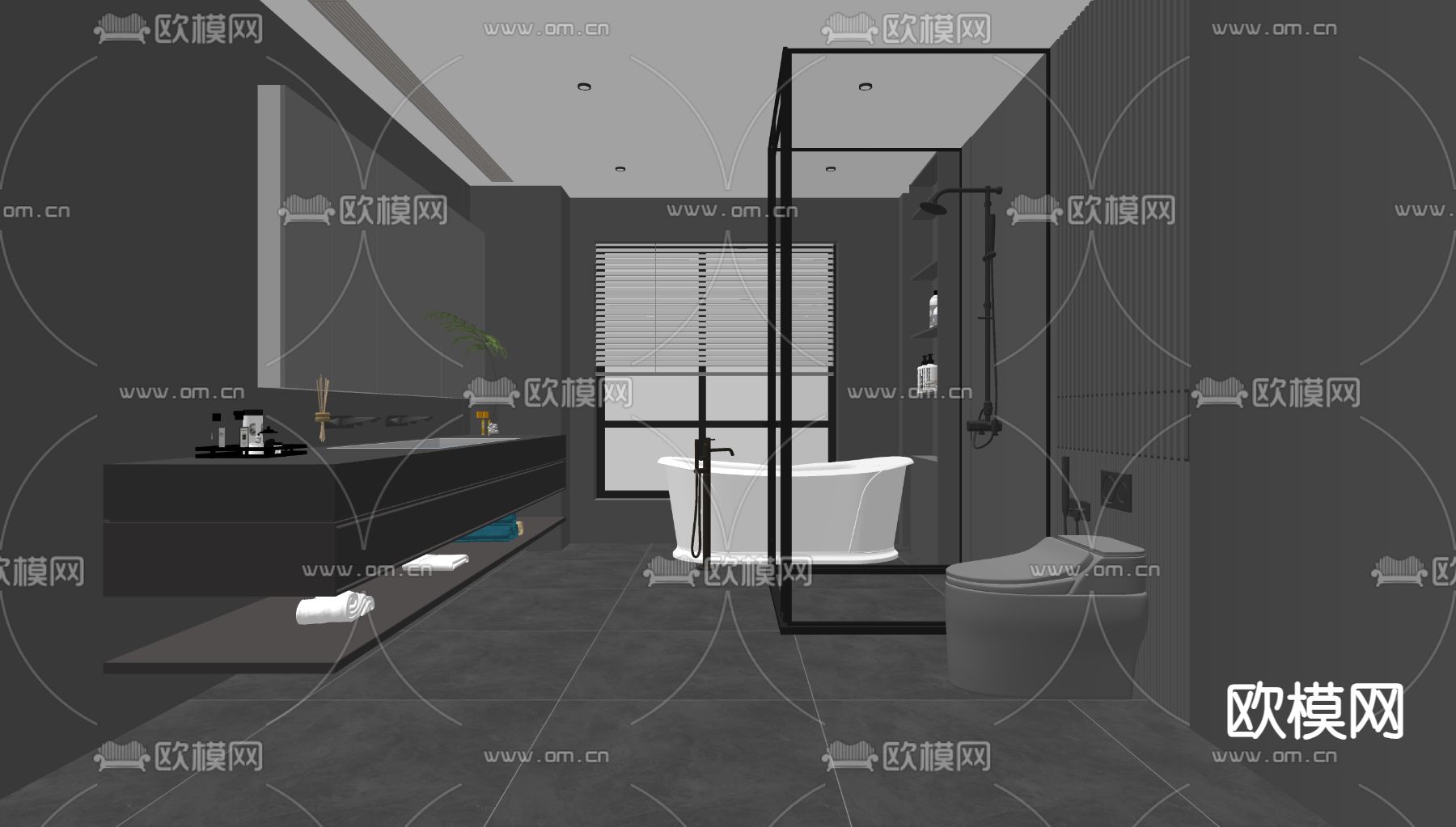 暗黑风卫生间 浴室 洗手间su模型下载（渲染图2）