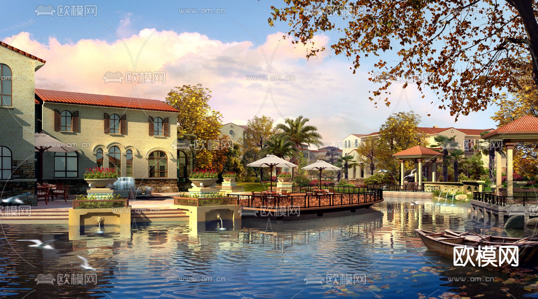 欧式住宅小区 河道景观psd下载