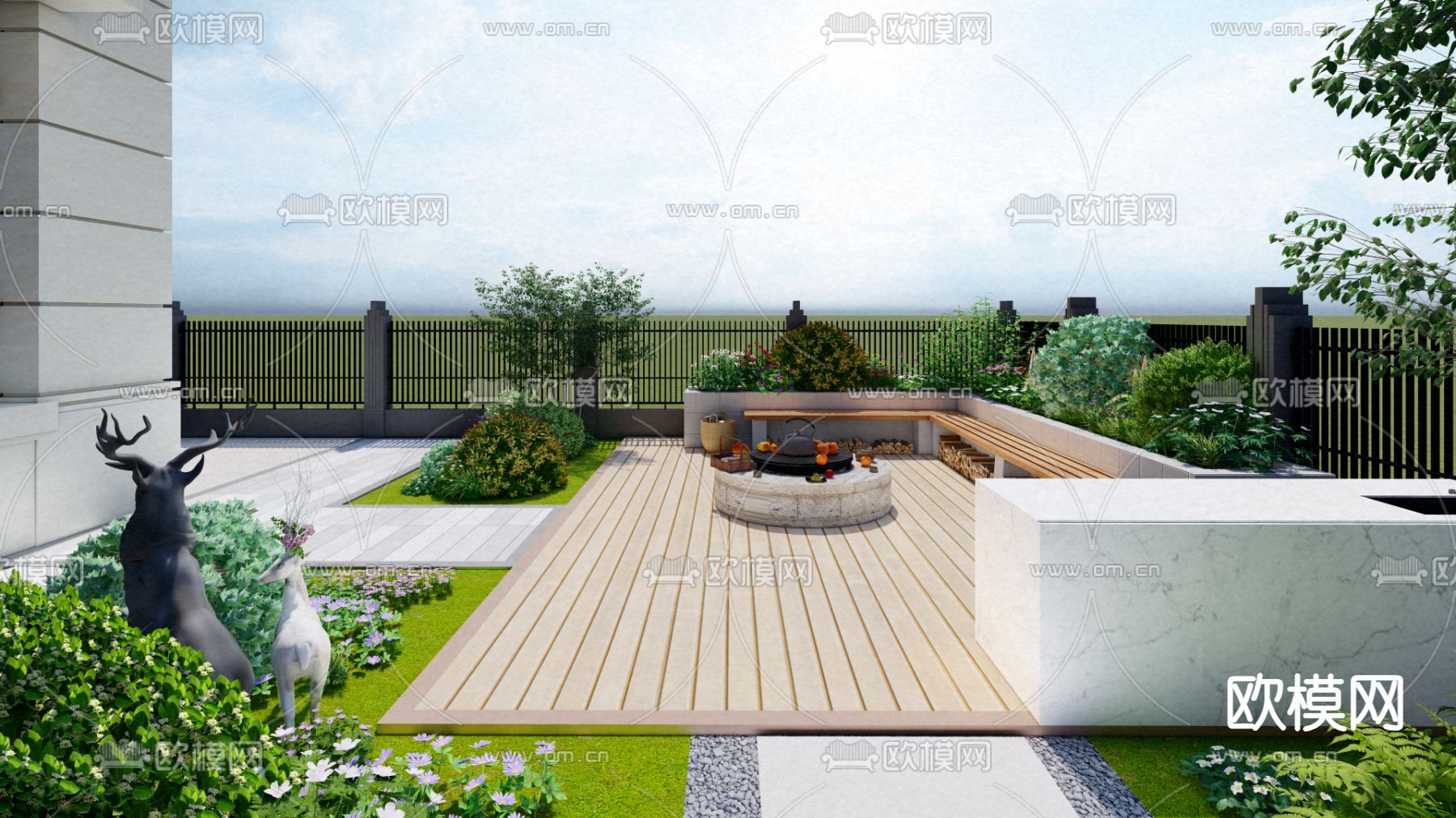 别墅庭院 花园su模型下载（渲染图3）