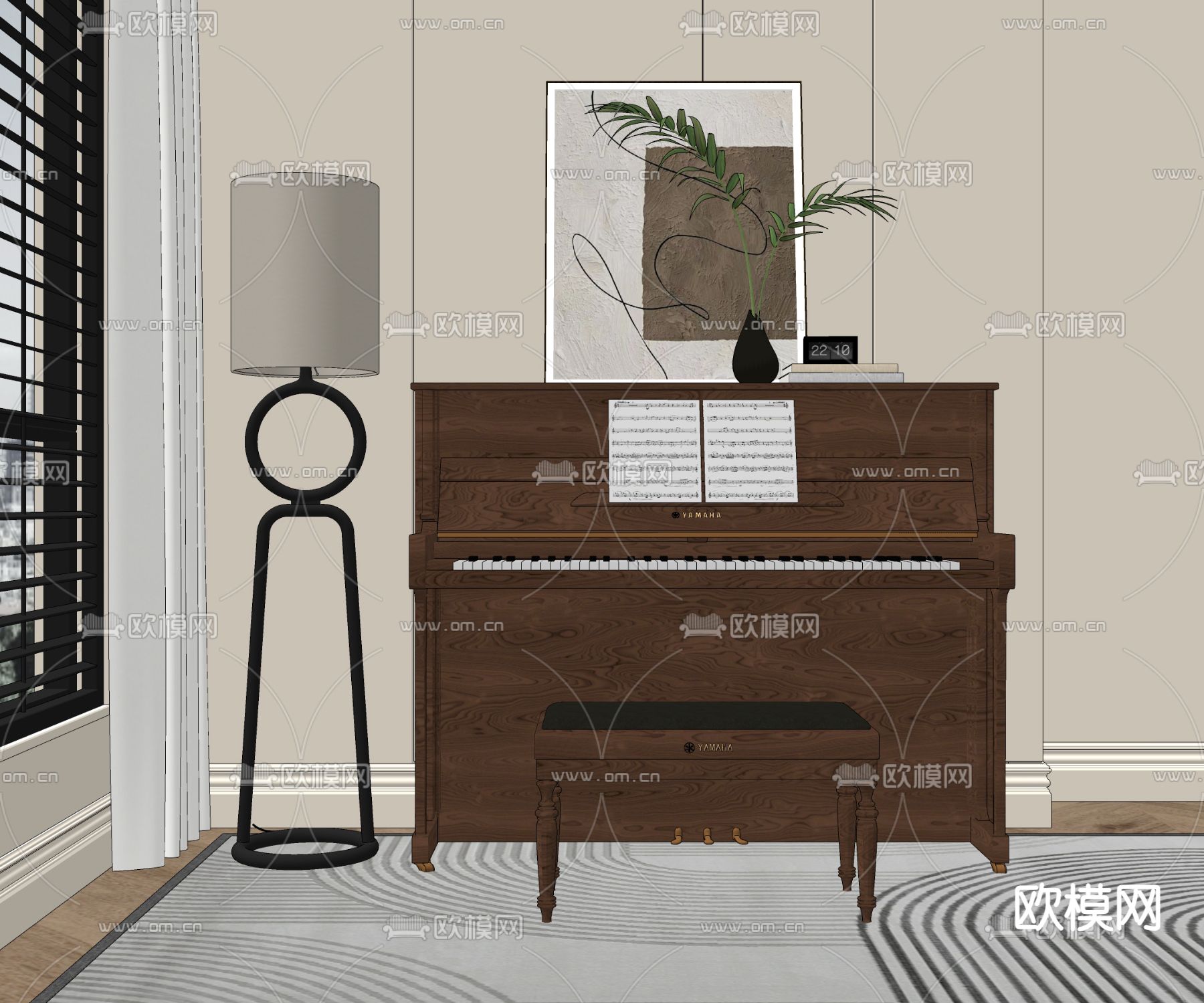 中古风钢琴su模型下载（渲染图2）