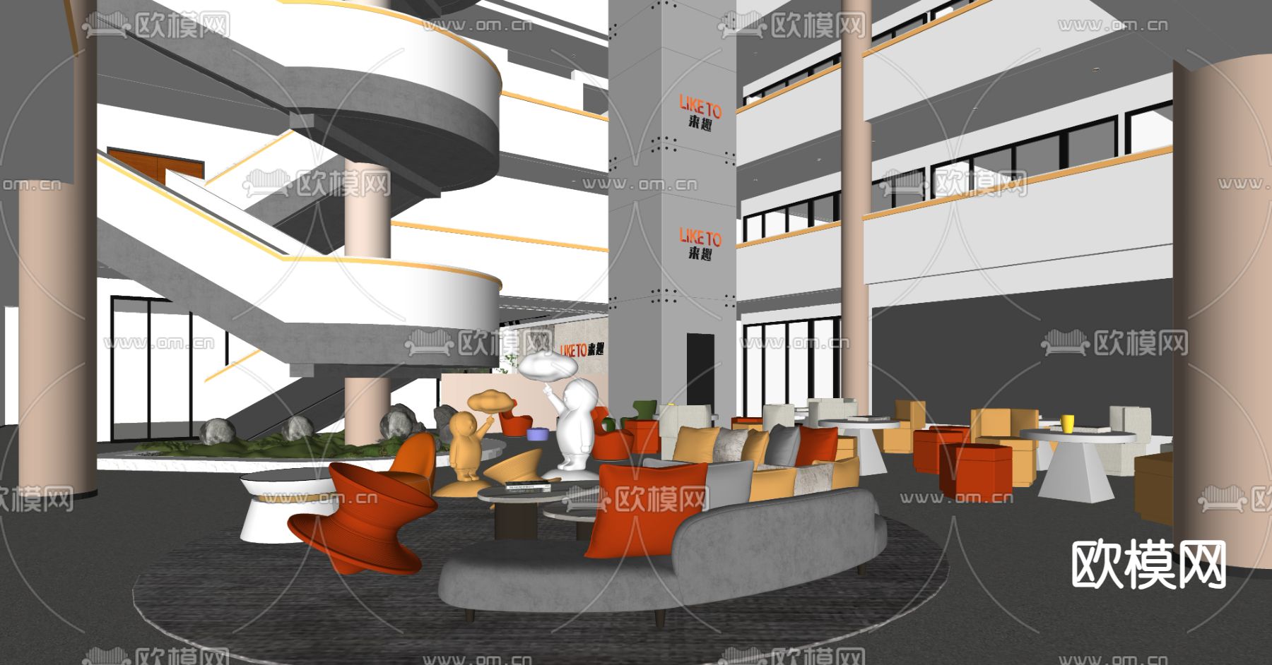 现代公司大堂 中庭休息区su模型下载（渲染图1）