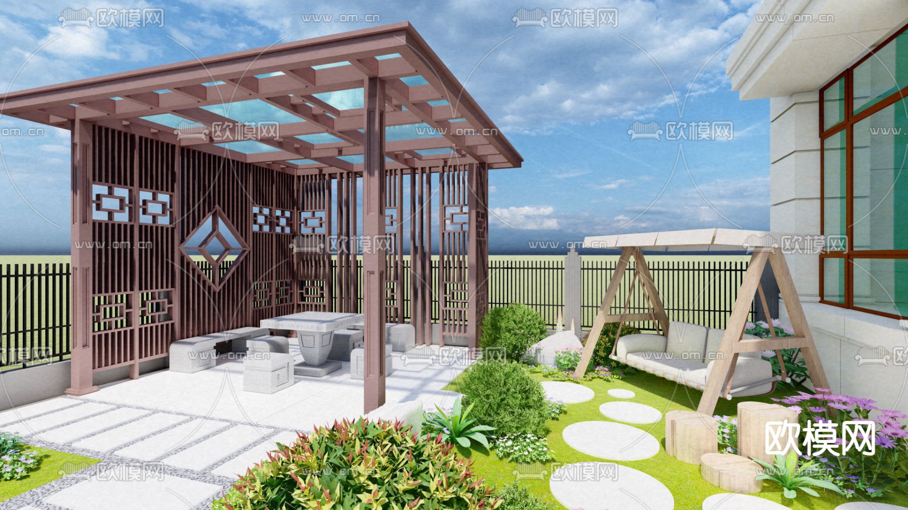别墅庭院 花园su模型下载（渲染图6）