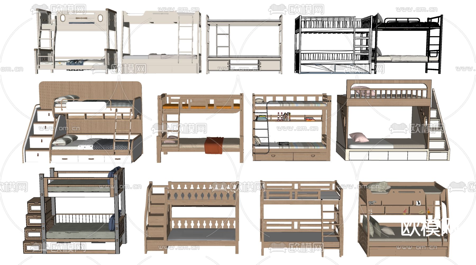 现代高低床 上下铺 上下床 双层床su模型下载（渲染图3）