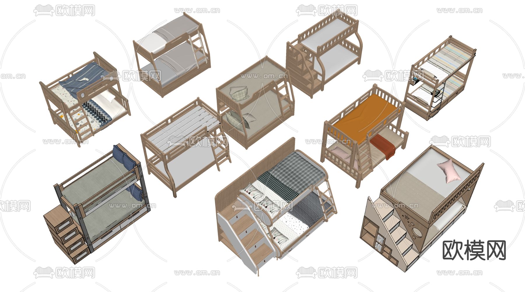现代高低床 上下铺 上下床 双层床su模型下载（渲染图3）