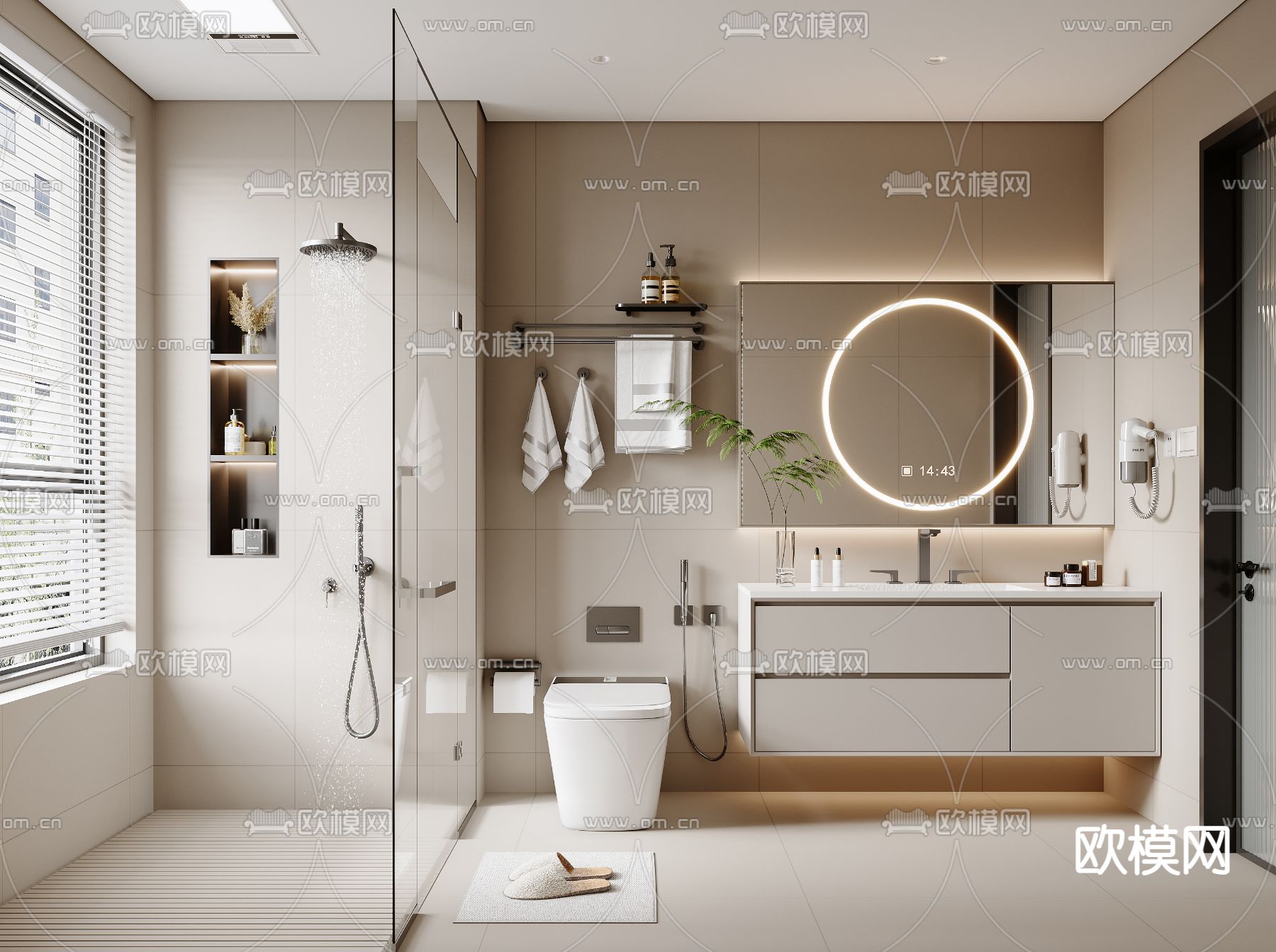 奶油风卫生间 浴室 洗手间su模型下载（渲染图1）