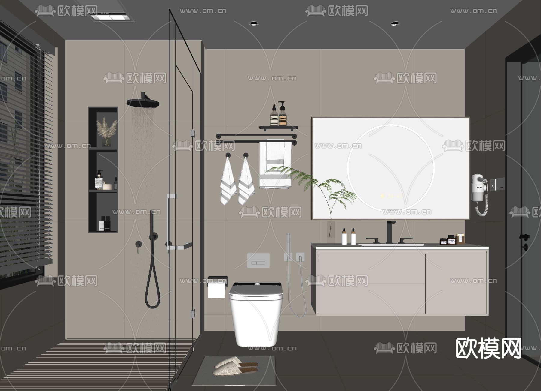 奶油风卫生间 浴室 洗手间su模型下载（渲染图2）