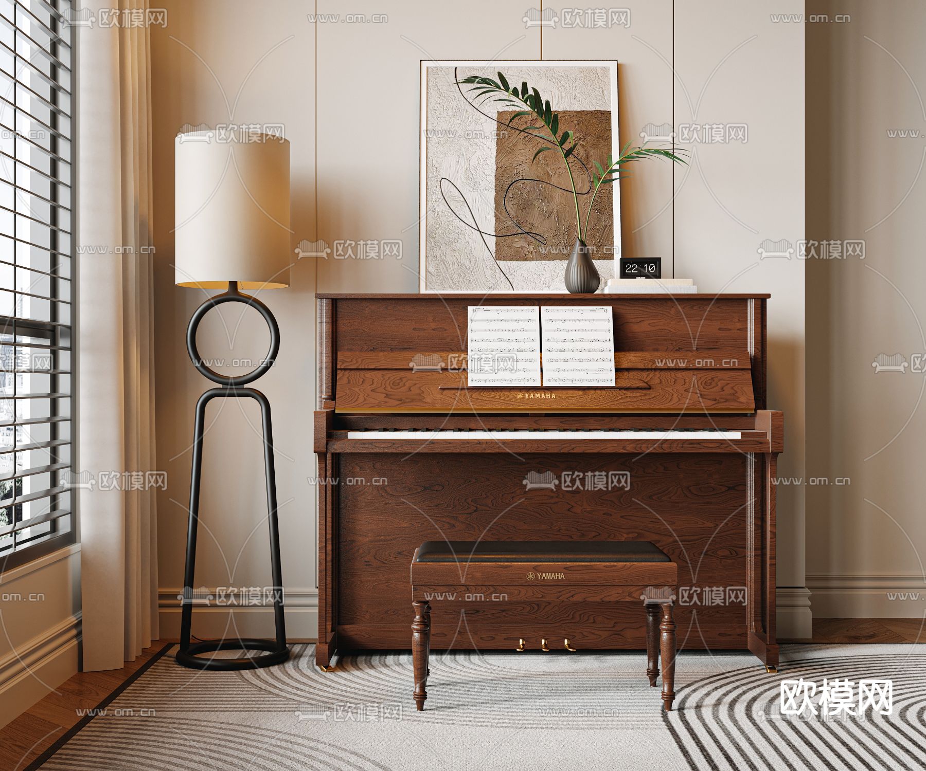 中古风钢琴su模型下载（渲染图1）