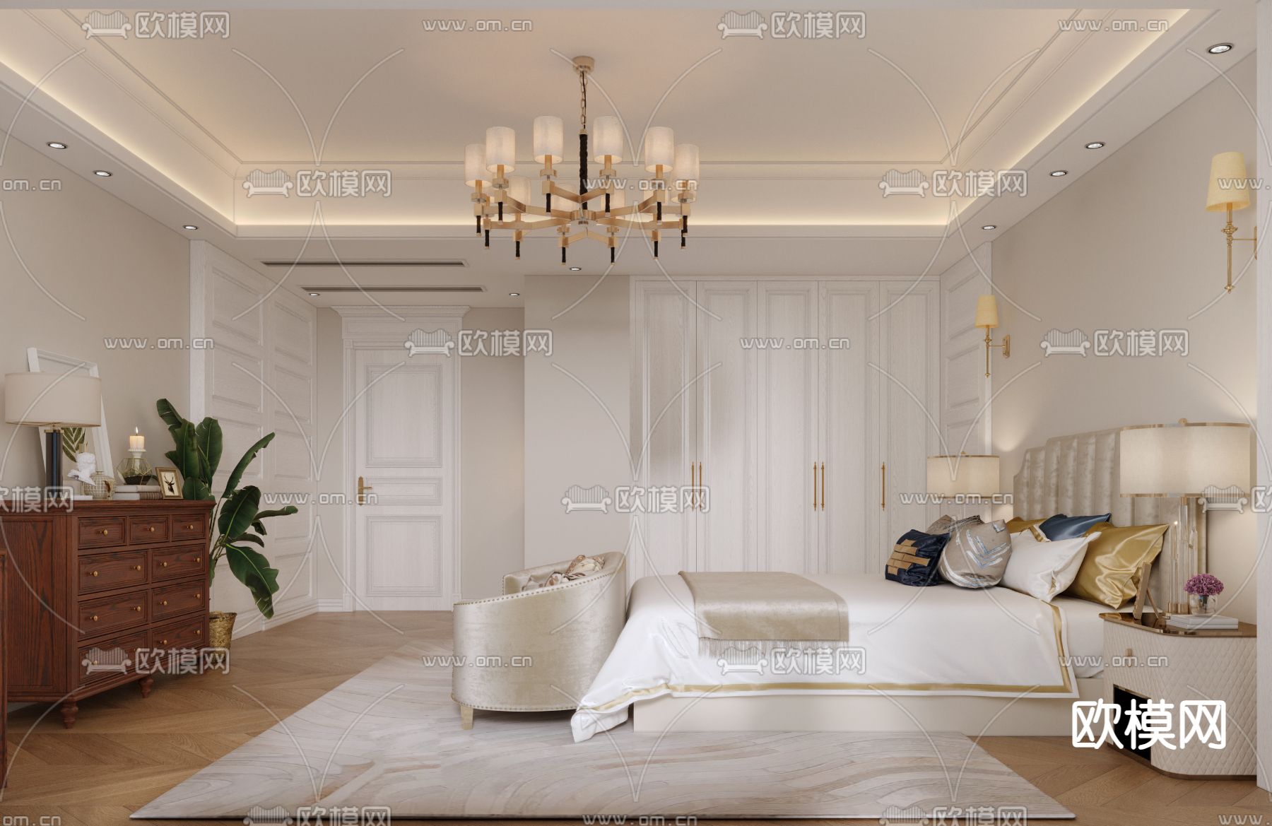 美式卧室 主卧 主人房3d模型下载（渲染图2）
