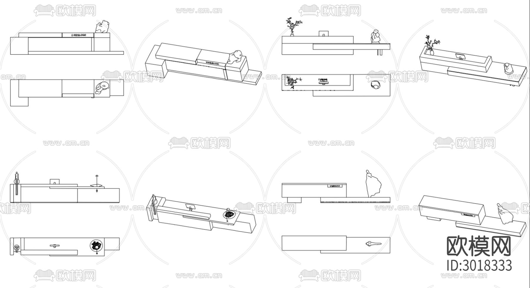 公司售楼处接待前台 服务台 异形前台图块cad图库下载（渲染图2）