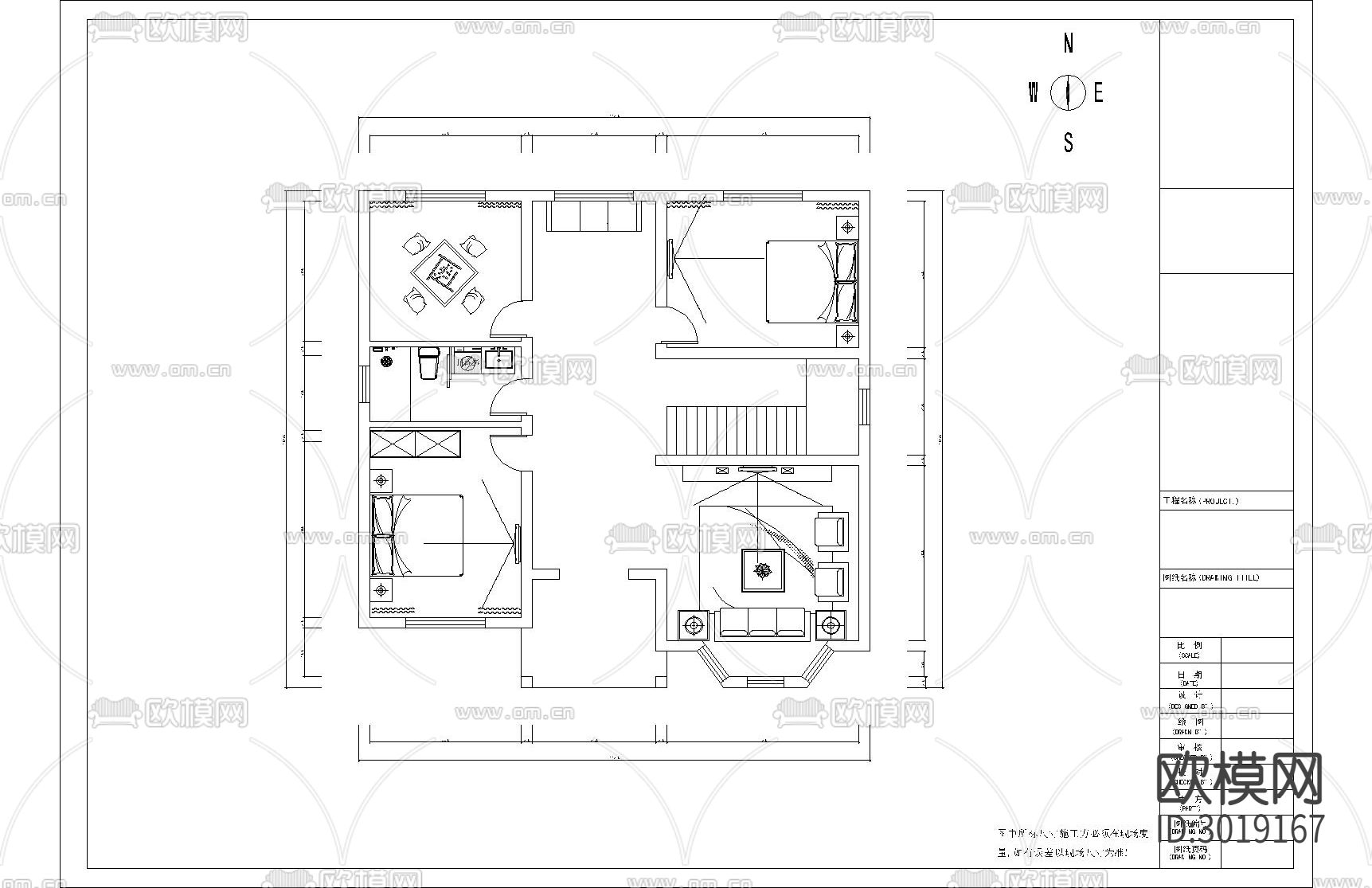 家装平面布置cad施工图下载（渲染图2）