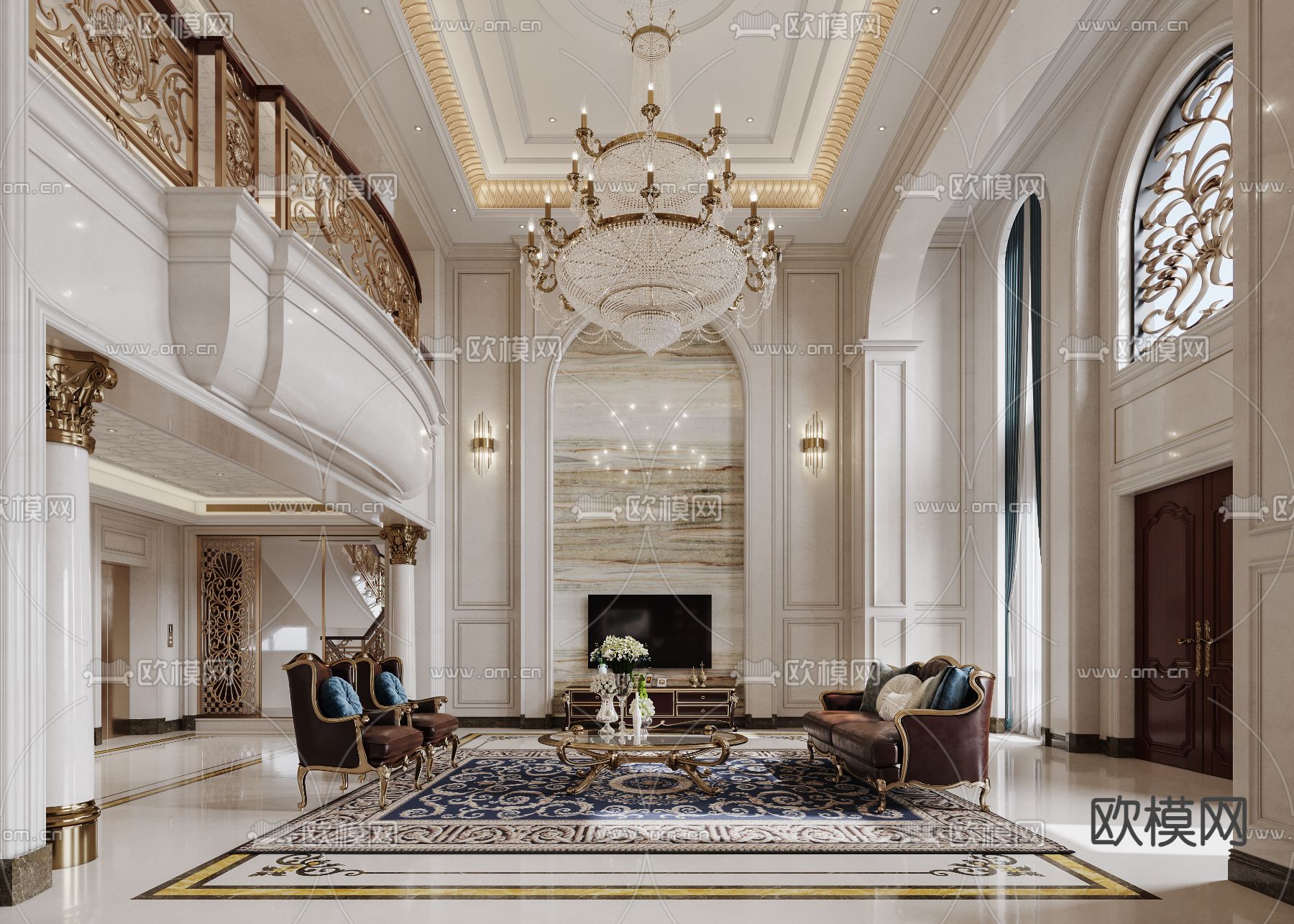 欧式别墅客厅 别墅大堂3d模型下载（渲染图3）