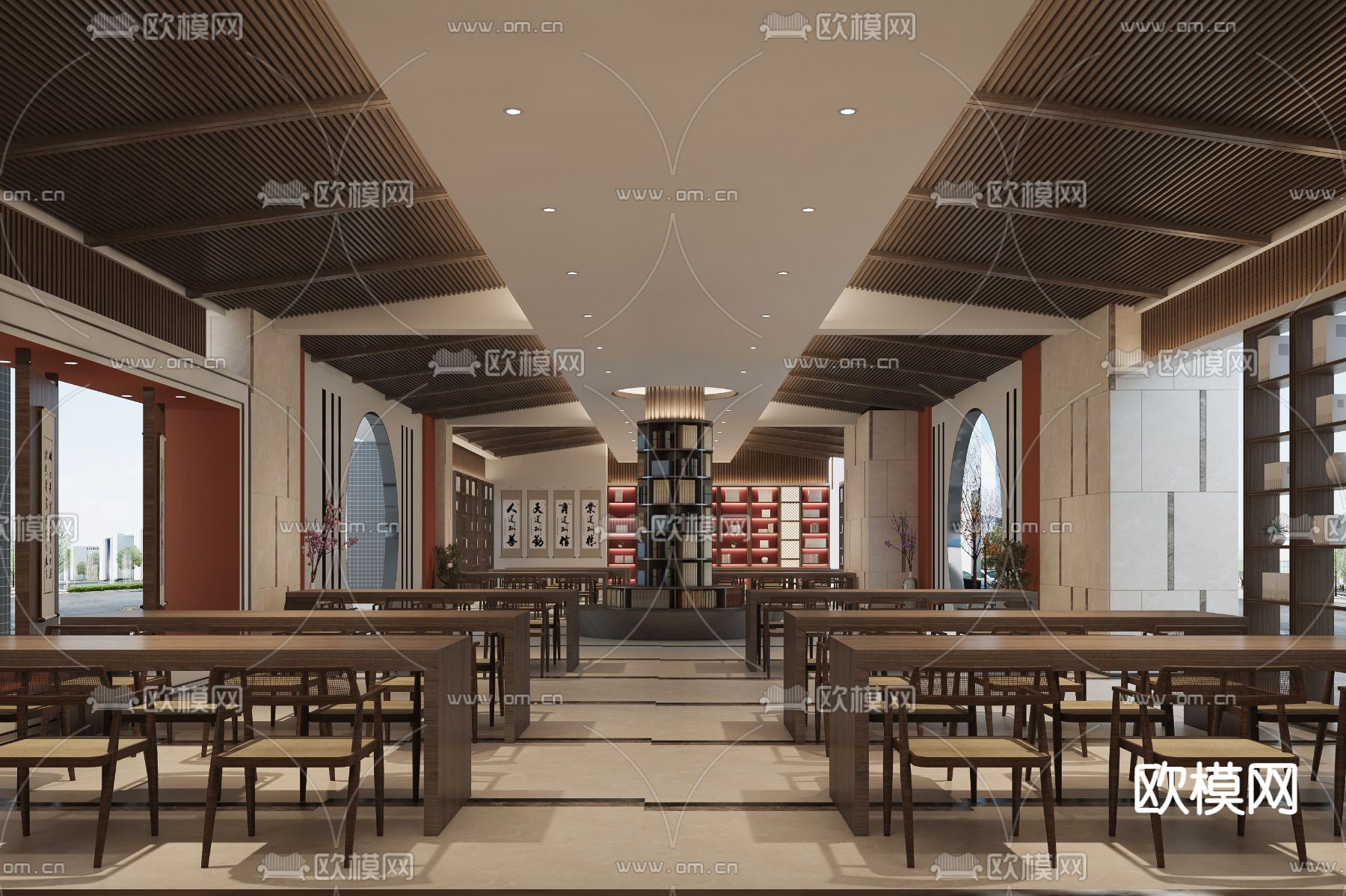 新中式图书馆 阅读区3d模型下载（渲染图1）