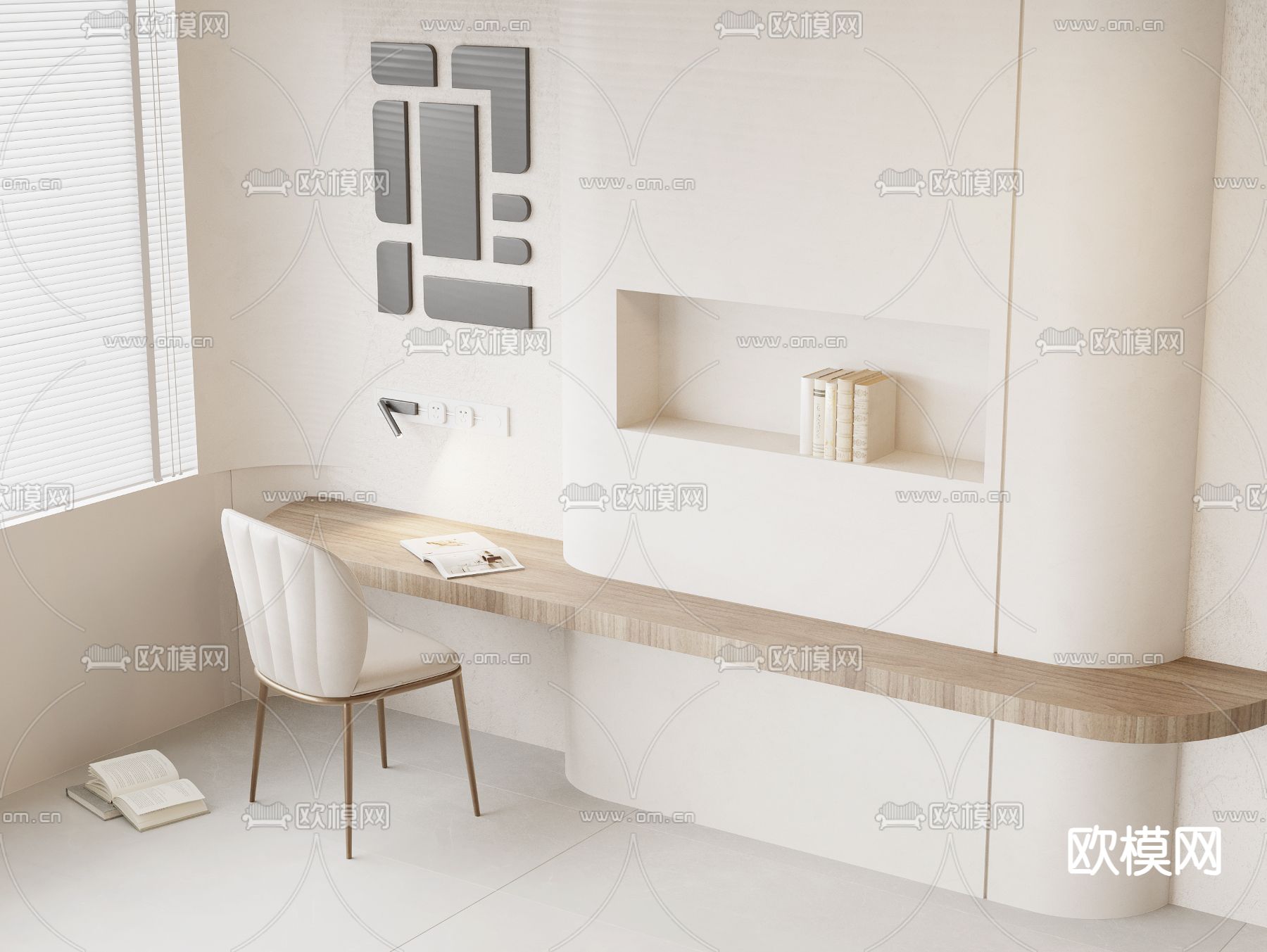 简约书桌 实木书桌su模型下载（渲染图2）