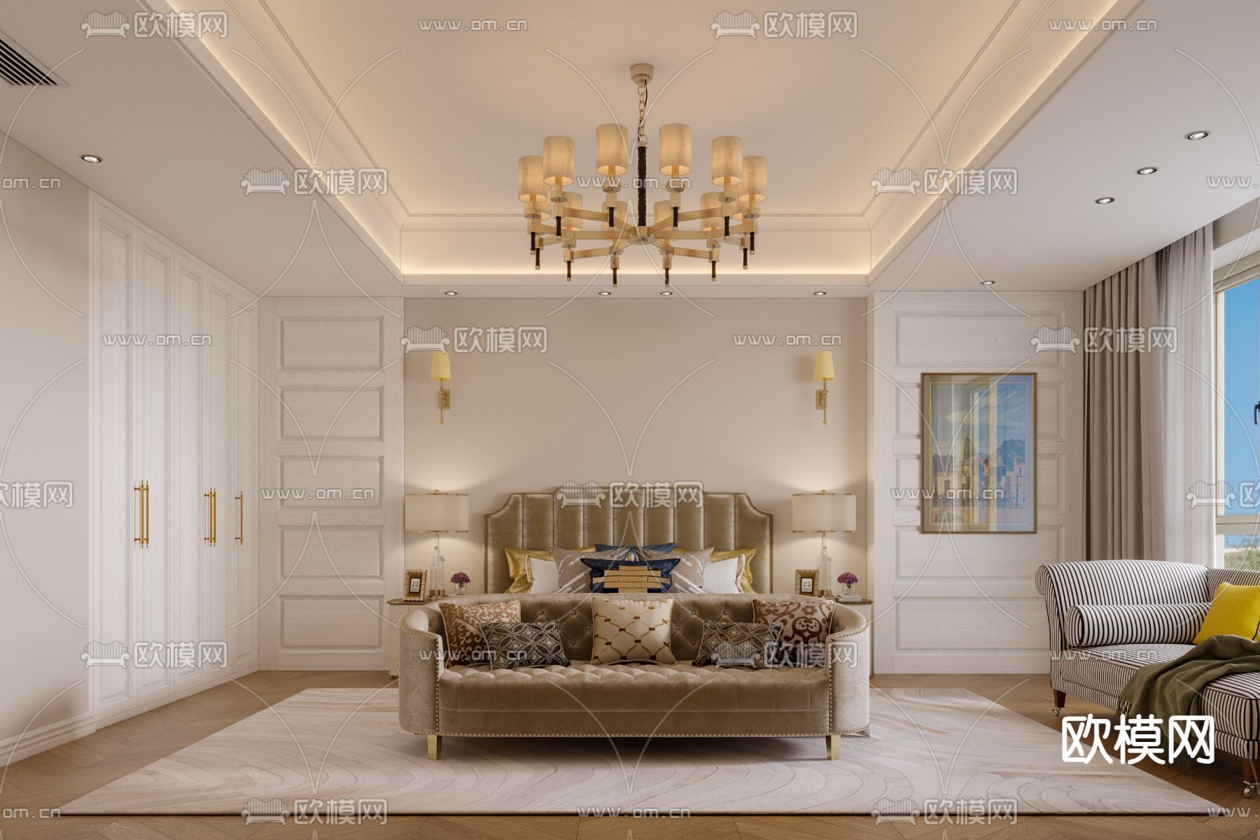 美式卧室 主卧 主人房3d模型下载（渲染图1）