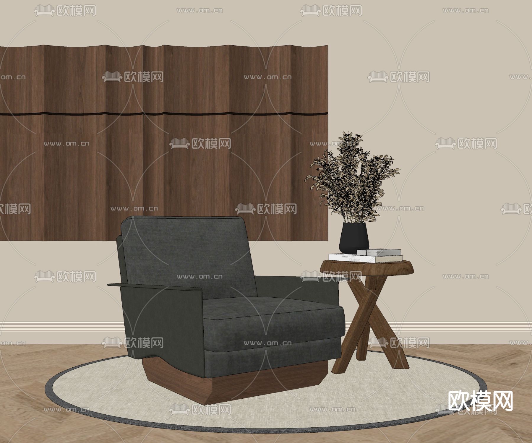 中古风单人沙发su模型下载（渲染图1）