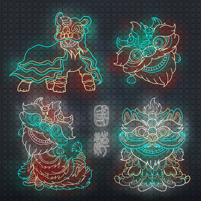  现代霓虹灯 舞狮 醒狮su模型 