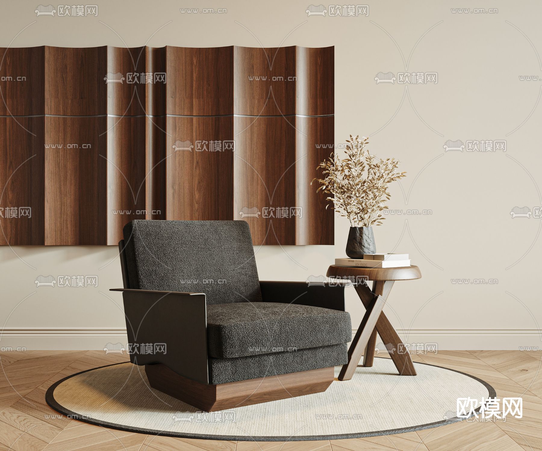 中古风单人沙发su模型下载（渲染图2）
