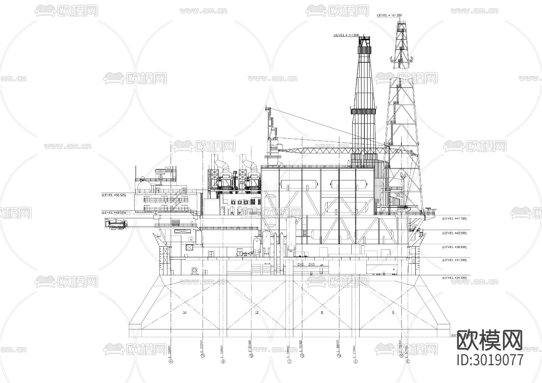 海上石油平台立面图cad大样图下载（渲染图1）