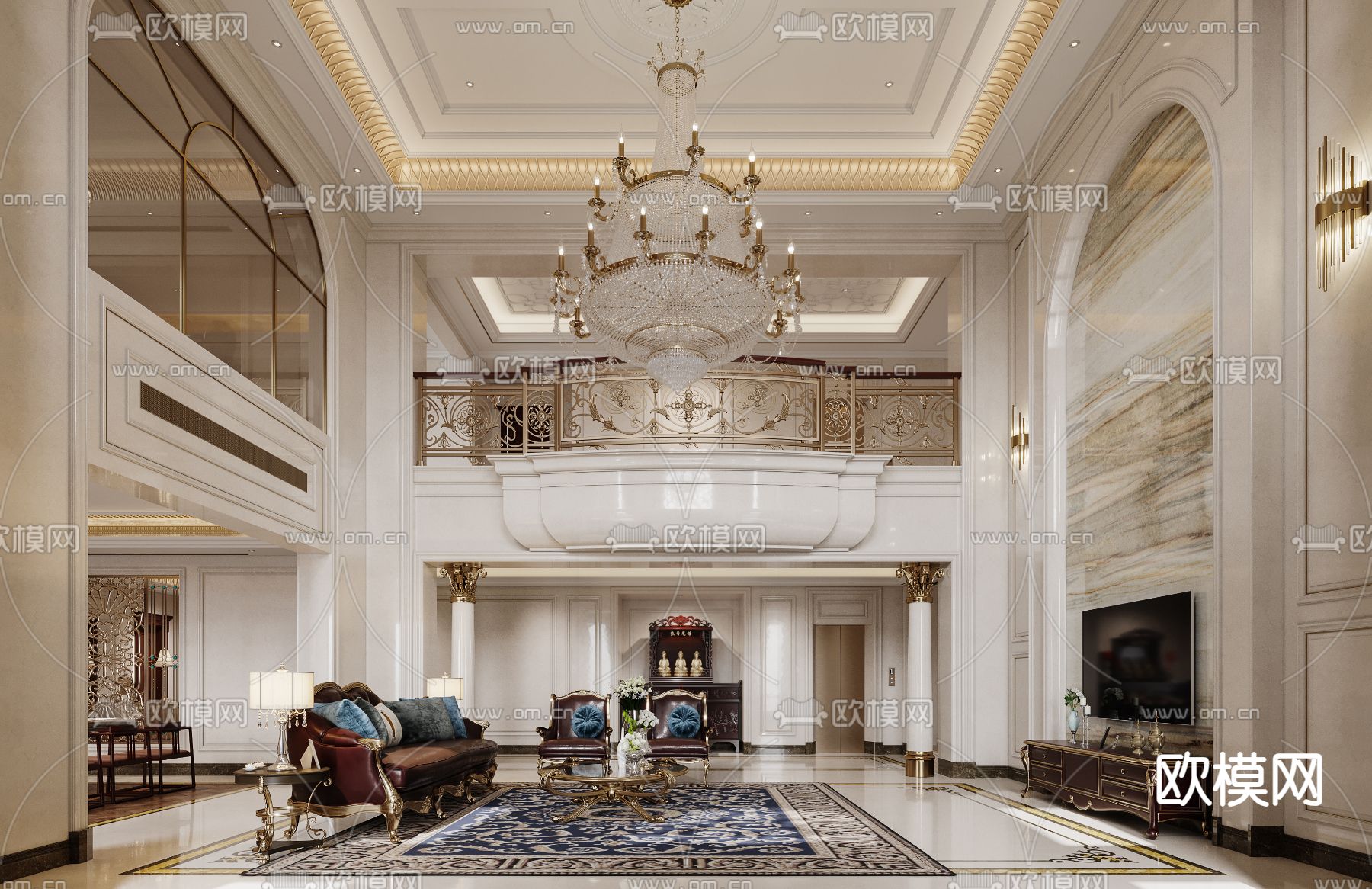 欧式别墅客厅 别墅大堂3d模型下载（渲染图1）