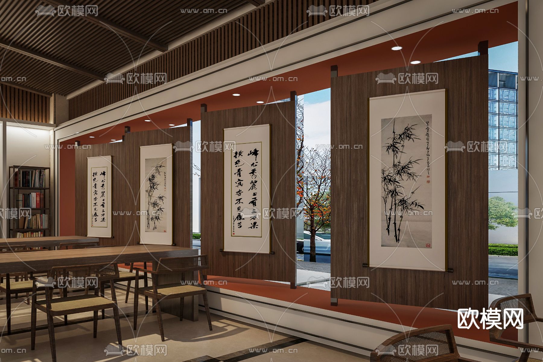 新中式图书馆 阅读区3d模型下载（渲染图3）