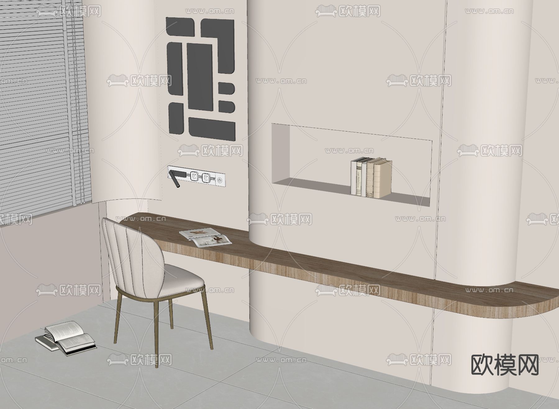 简约书桌 实木书桌su模型下载（渲染图1）