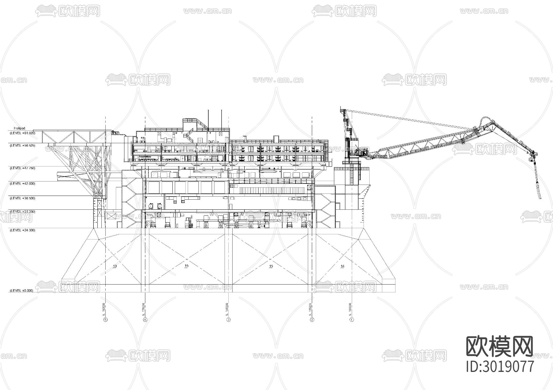 海上石油平台立面图cad大样图下载（渲染图2）