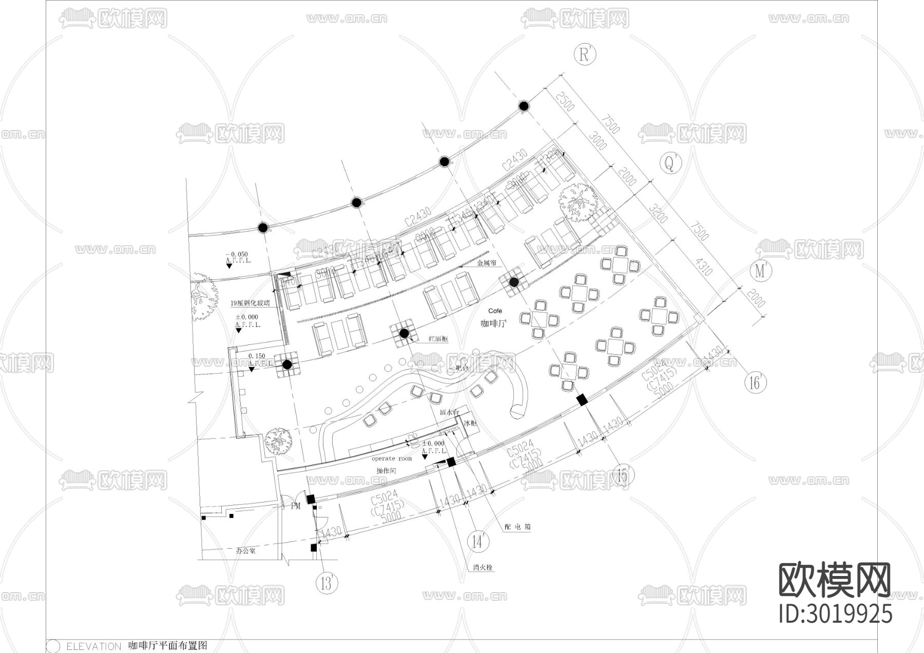 380㎡咖啡厅 餐饮空间cad施工图下载（渲染图1）