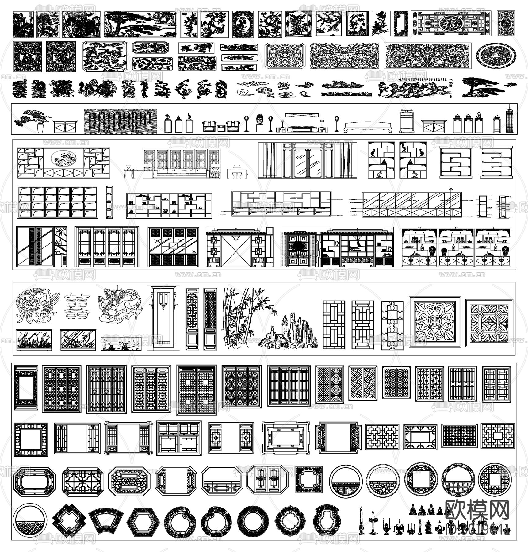 中式素材中式元素雕花设计cad图库下载（渲染图3）
