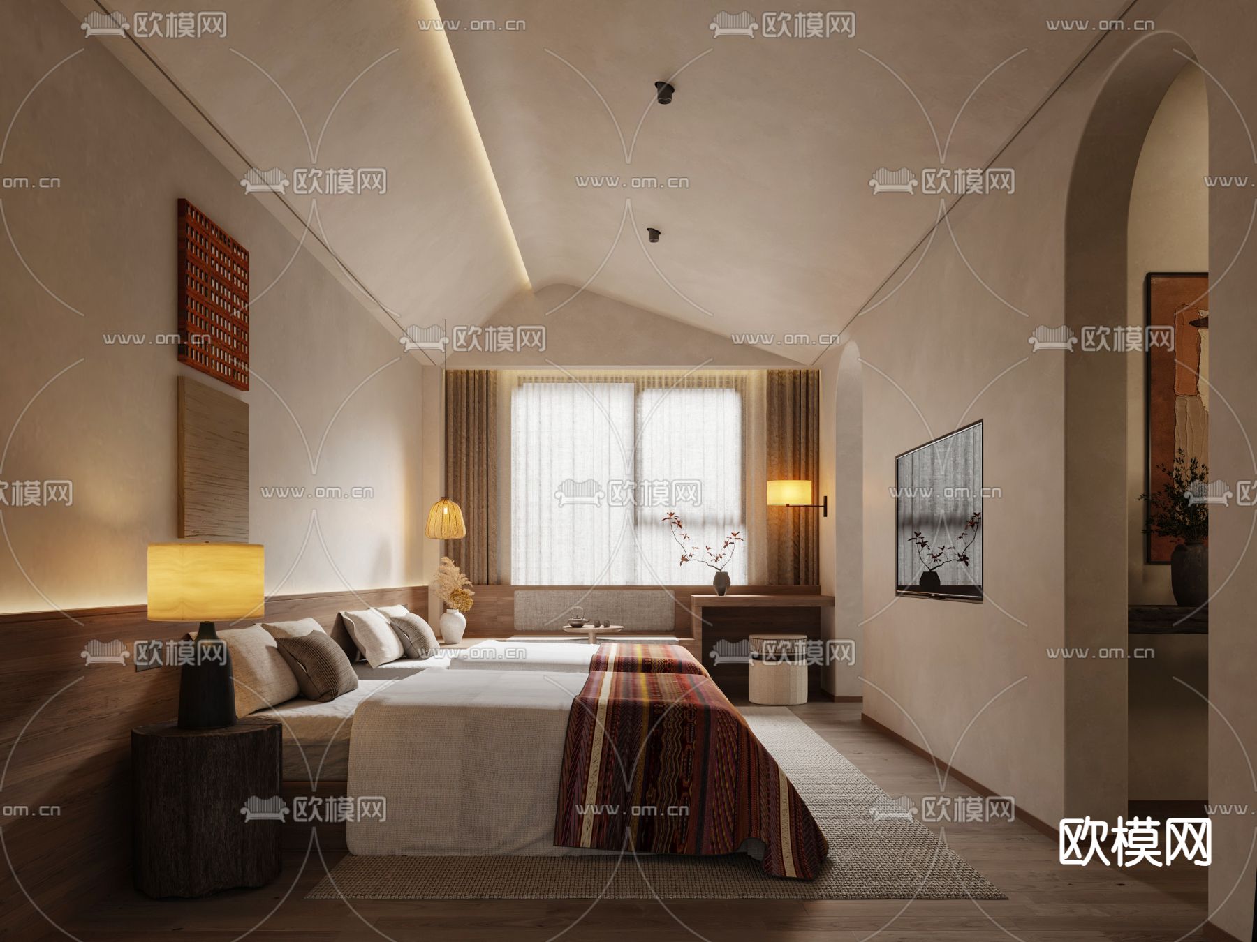 侘寂民宿客房 双床房3d模型下载