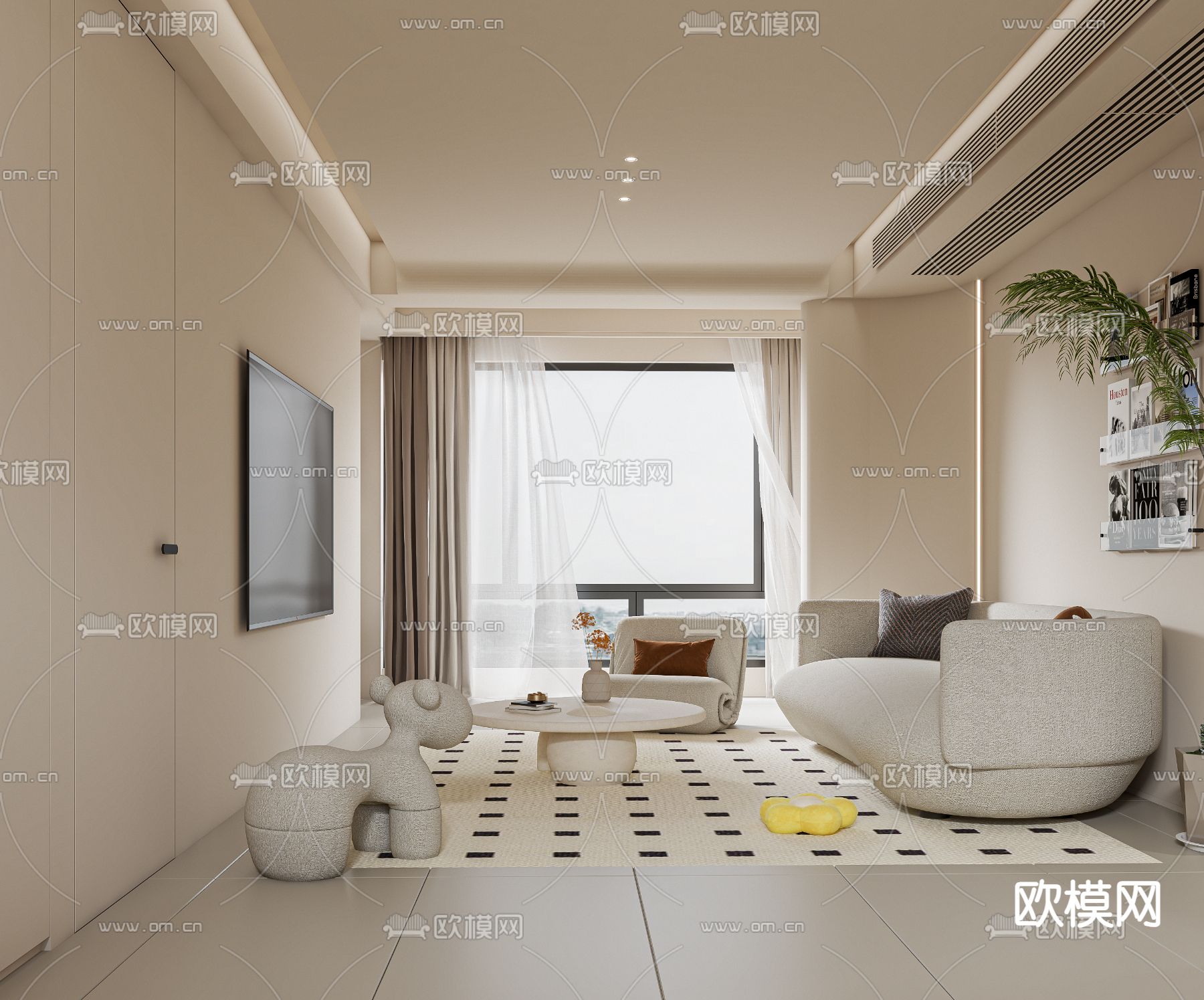 奶油风客厅 餐厅3d模型下载（渲染图3）