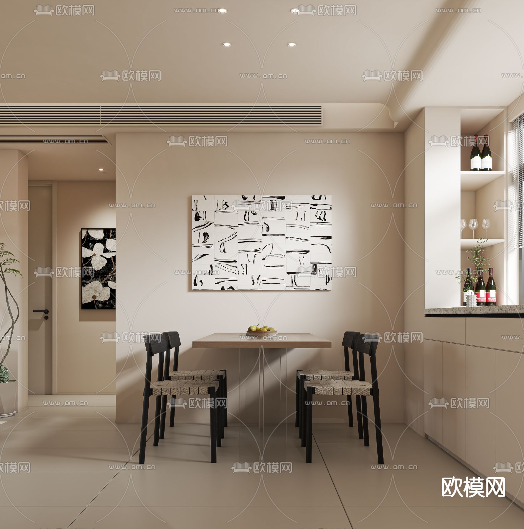 奶油风客厅 餐厅3d模型下载（渲染图2）