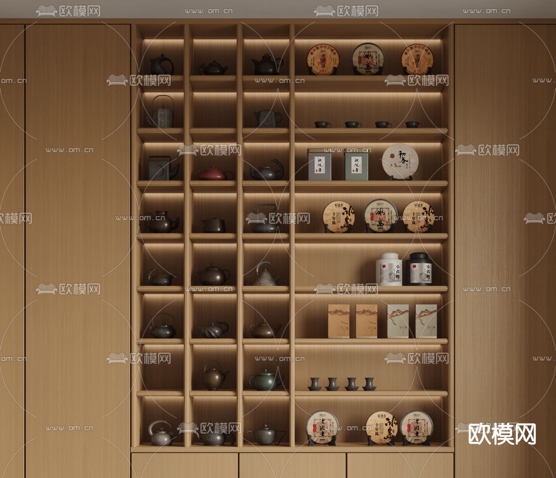 新中式茶具 茶叶罐 茶饼 茶壶 陈列柜3d模型下载