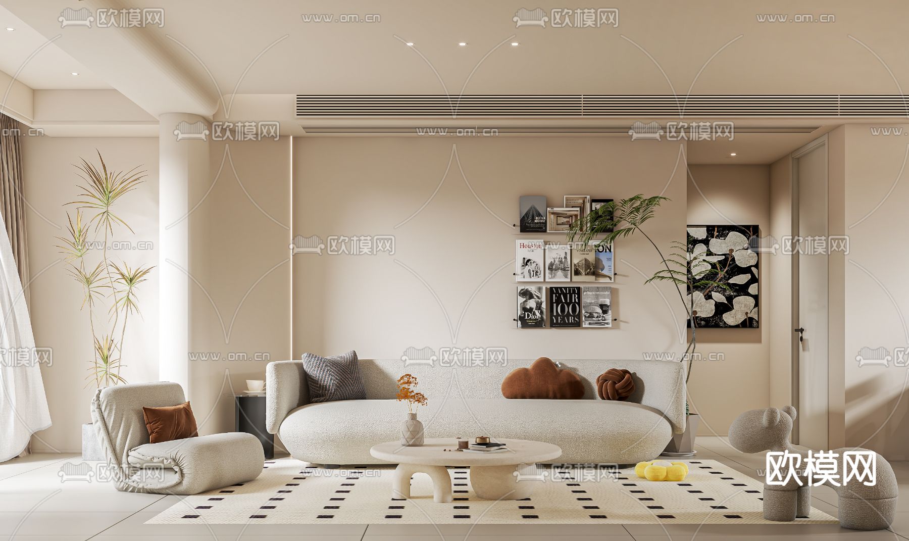 奶油风客厅 餐厅3d模型下载（渲染图1）