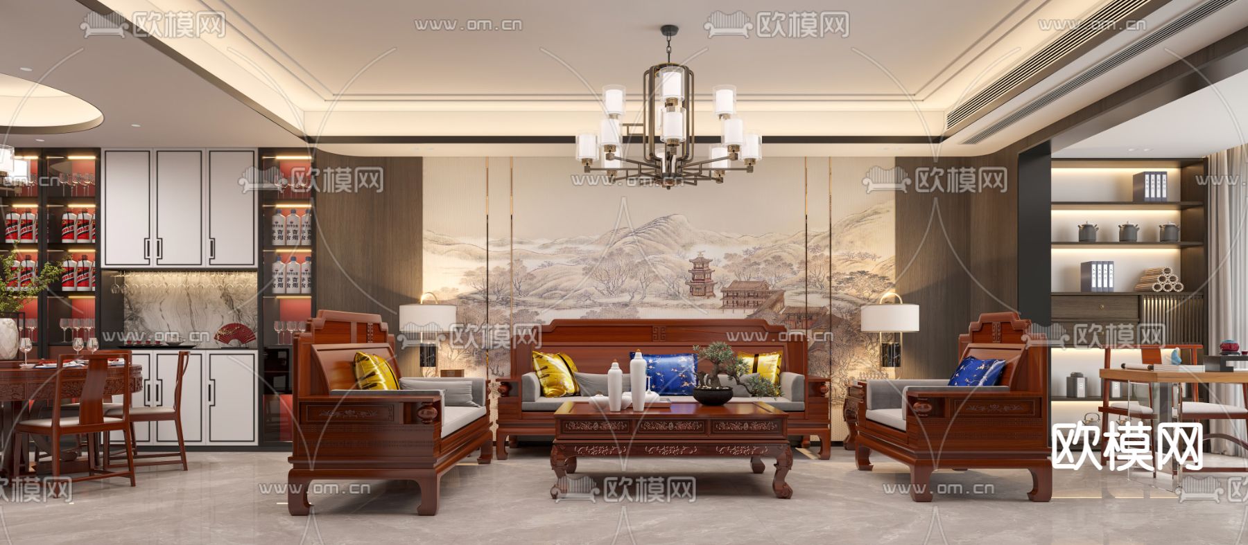 中式客厅餐厅3d模型下载（渲染图1）