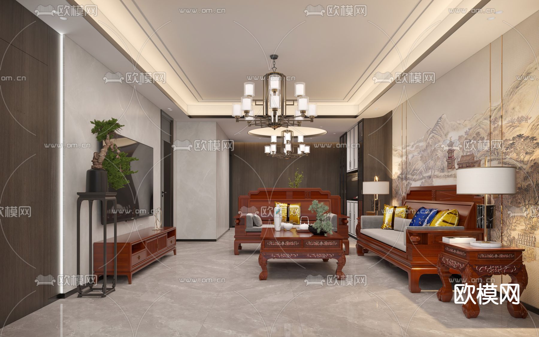 中式客厅餐厅3d模型下载（渲染图2）