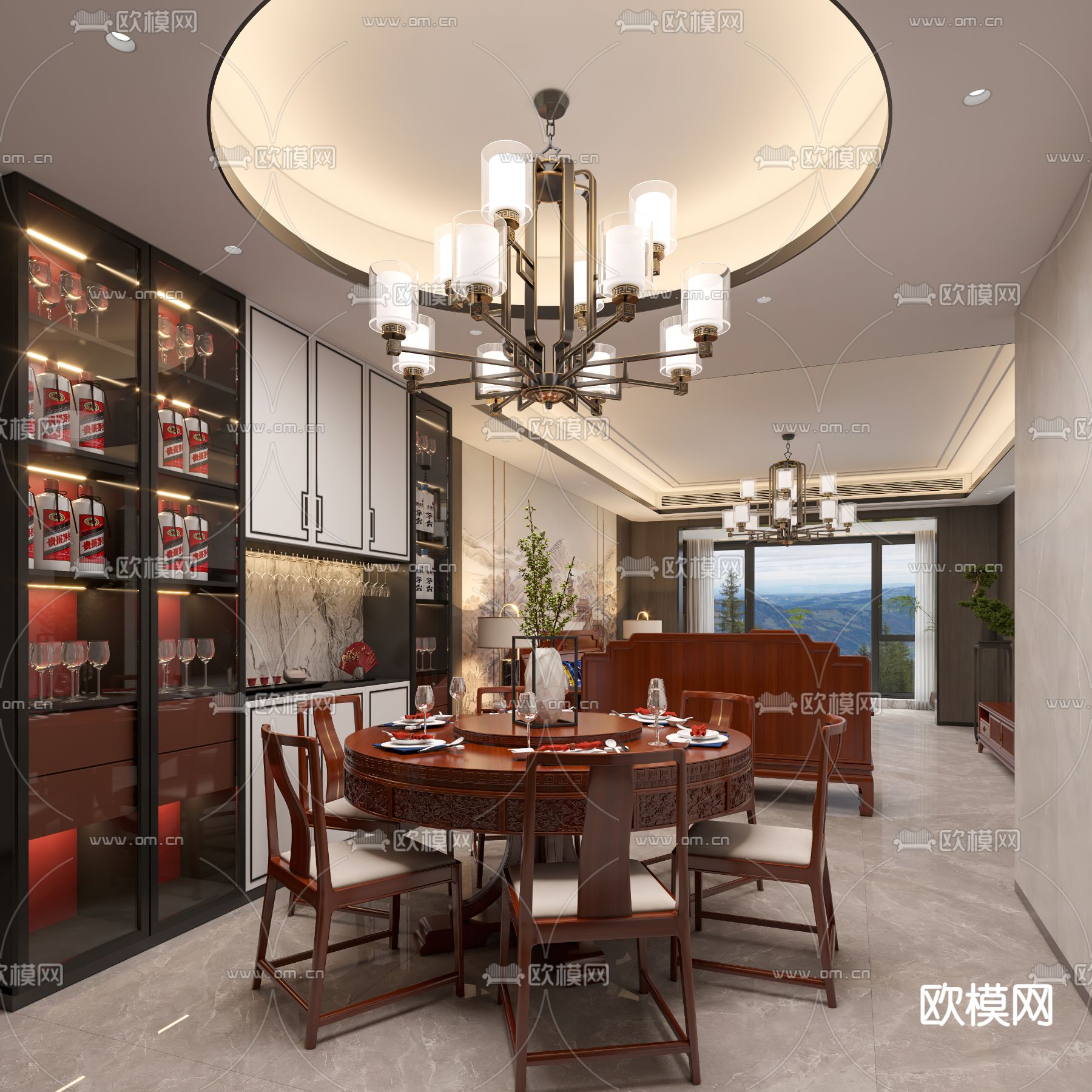 中式客厅餐厅3d模型下载（渲染图3）