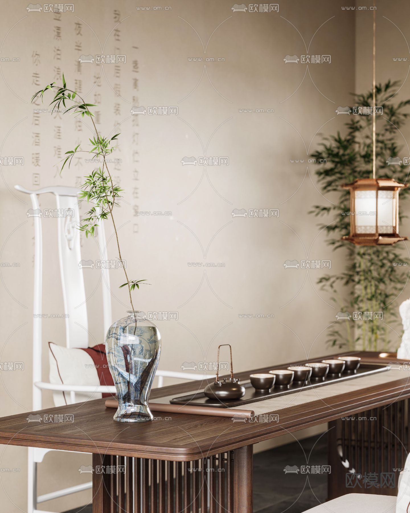 新中式茶桌 茶台3d模型下载（渲染图2）