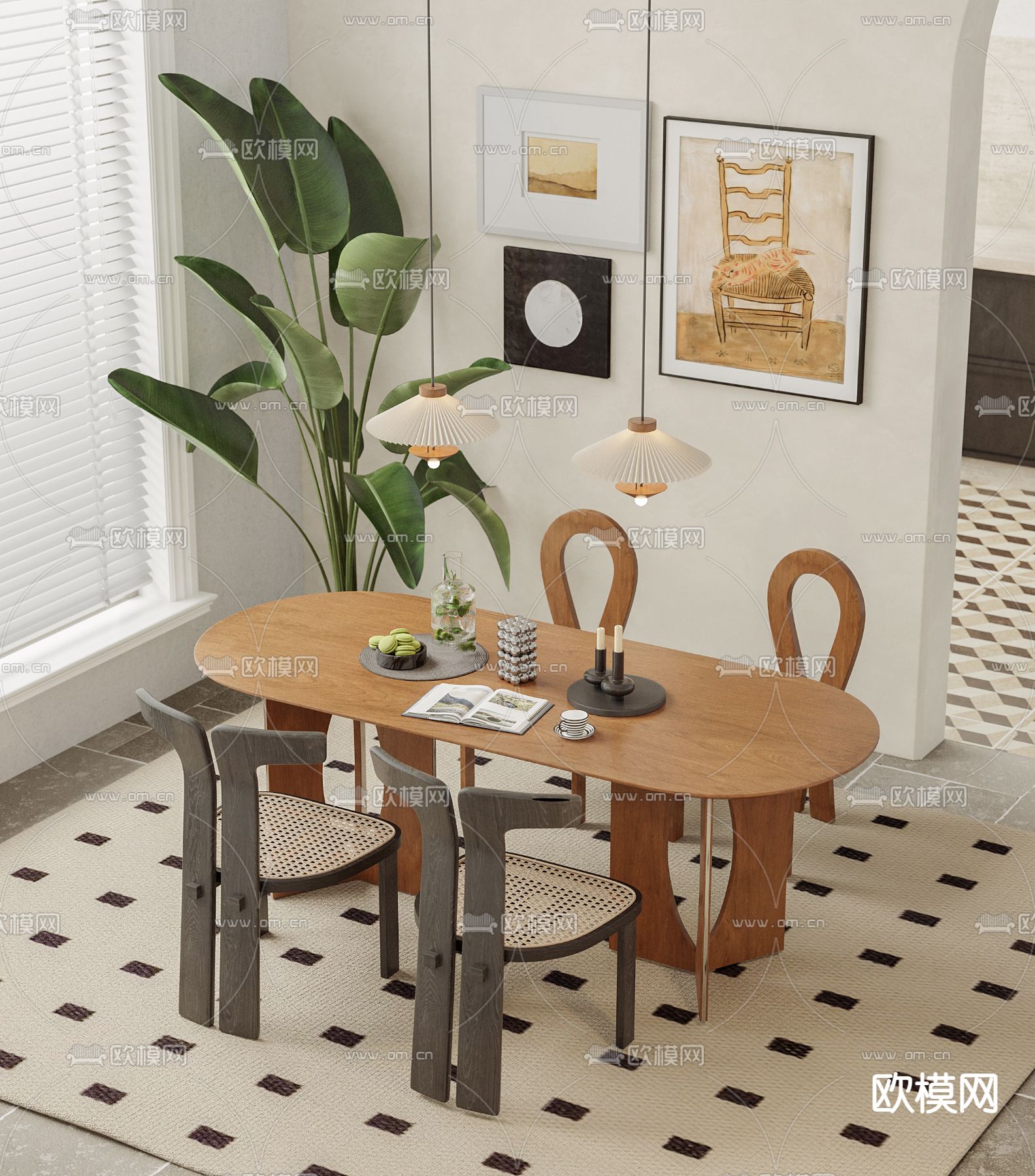 中古风餐桌椅su模型下载（渲染图1）